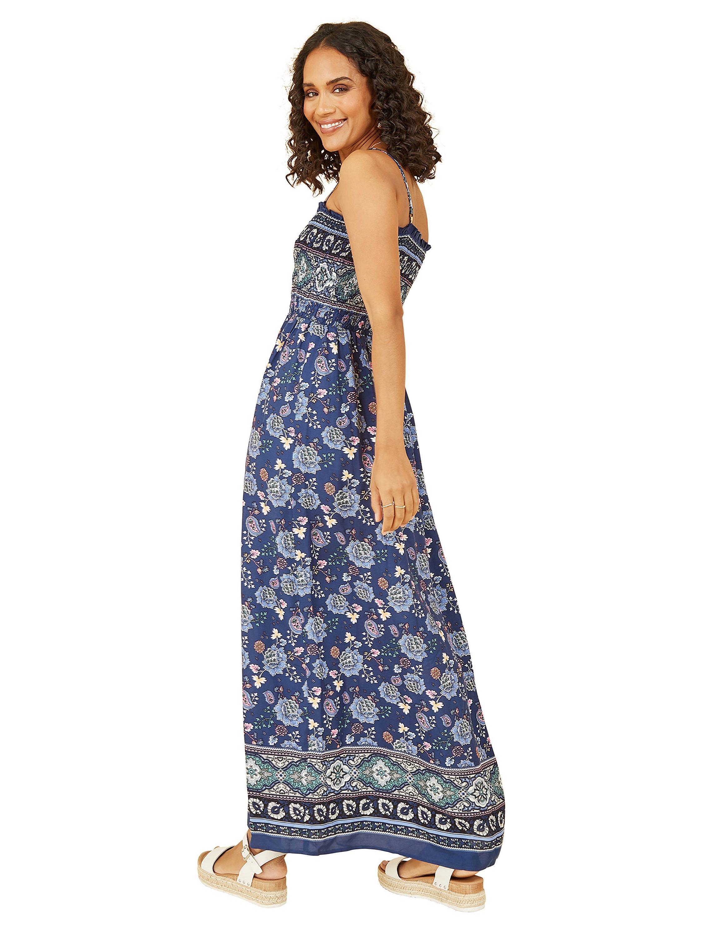 Product image 3 of 4, which shows Yumi Border Floral Print Shirred Maxi Dress, Navy, 8