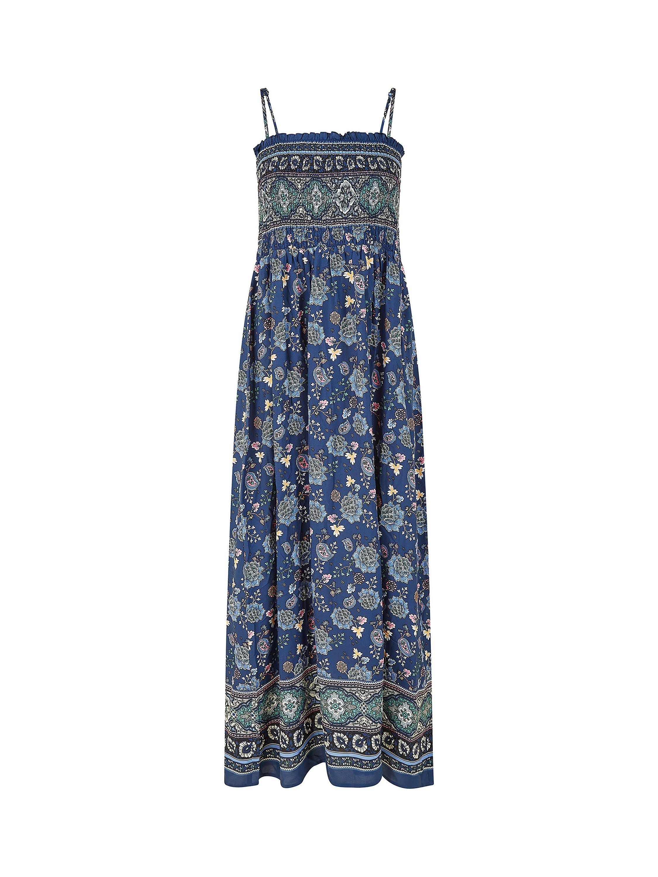 Product image 4 of 4, which shows Yumi Border Floral Print Shirred Maxi Dress, Navy, 8