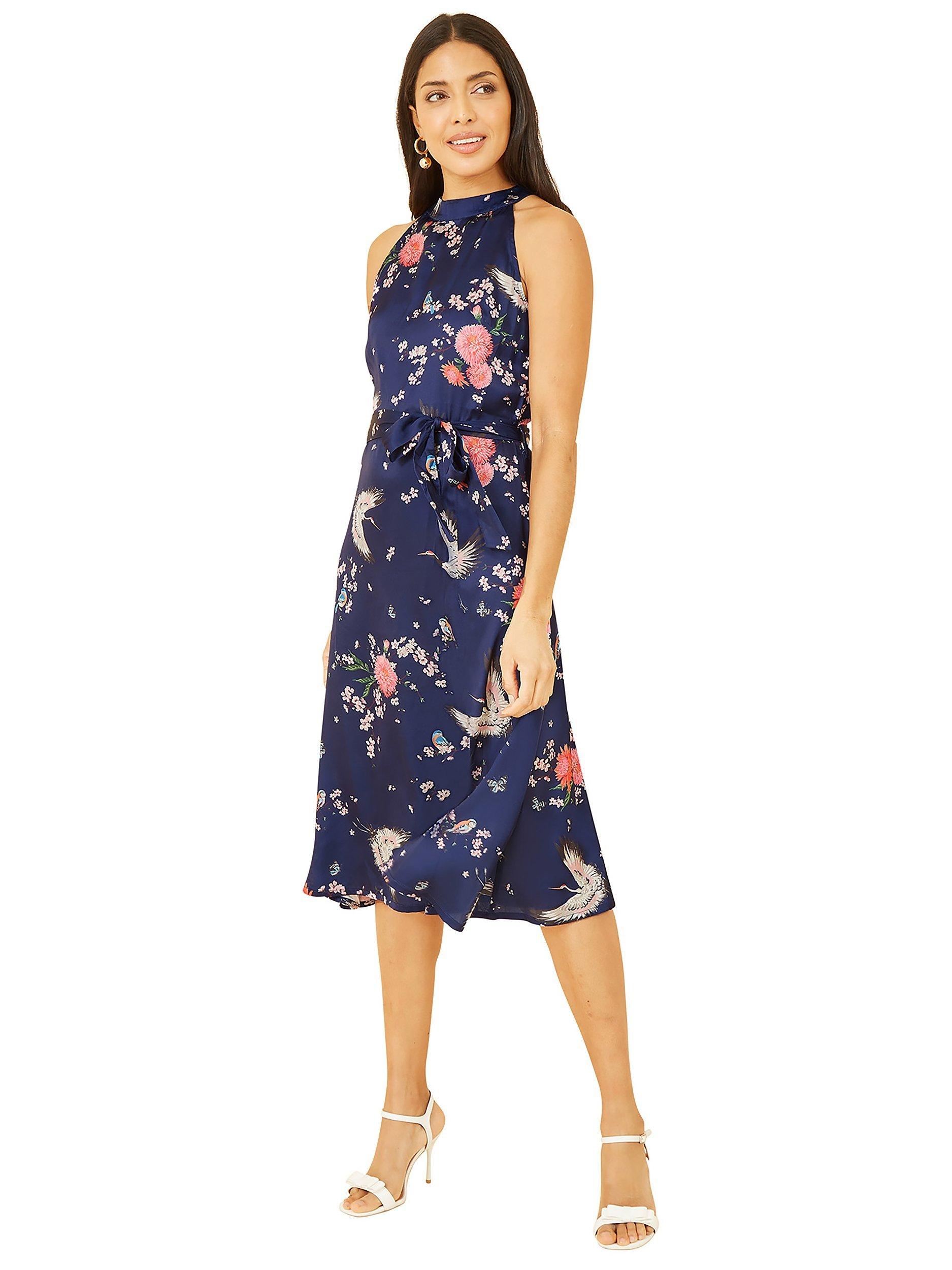 Yumi Satin Crane Print Dress, Navy