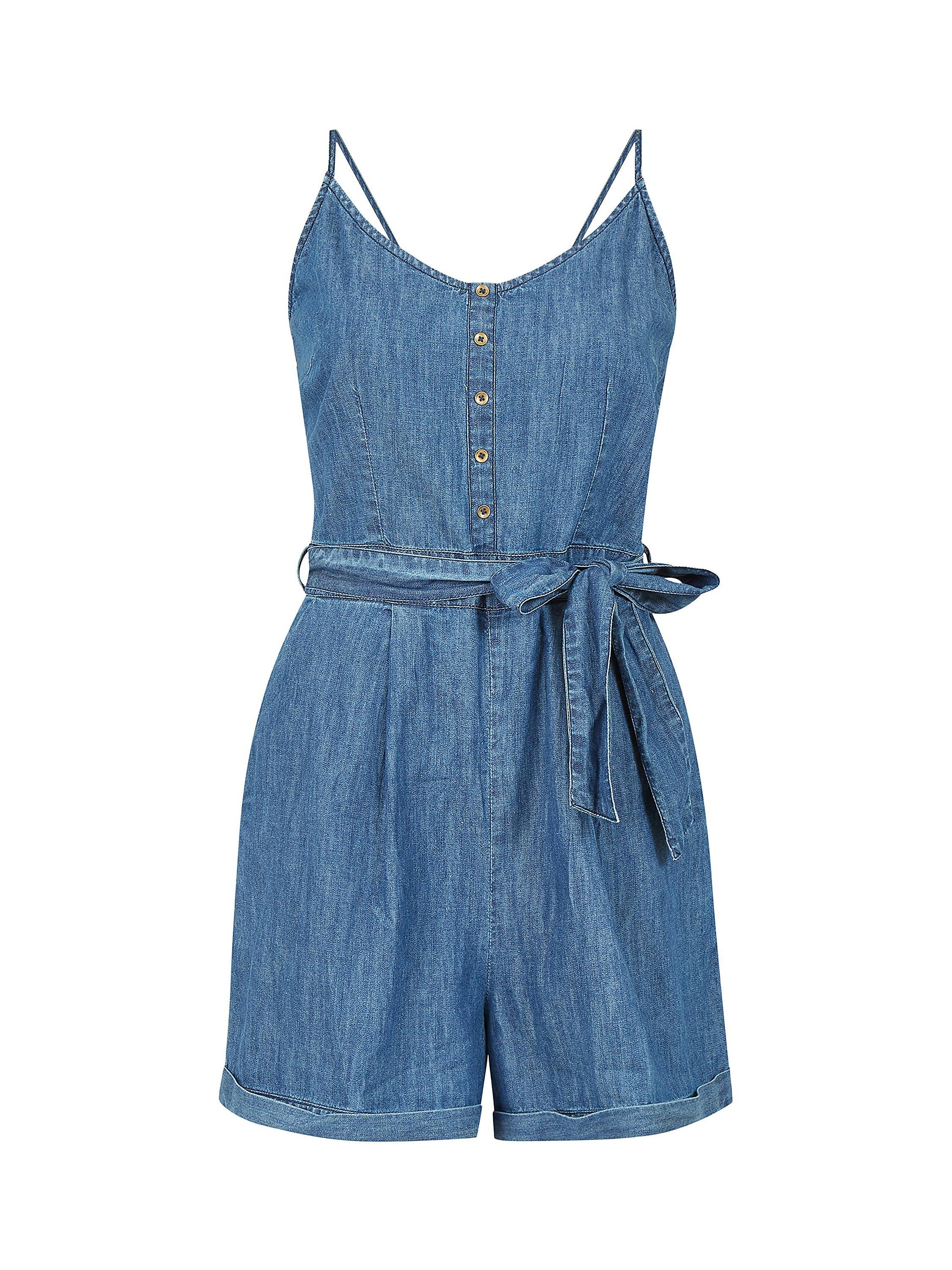 Product image 4 of 4, which shows Yumi Strappy Denim Playsuit, Blue, 8
