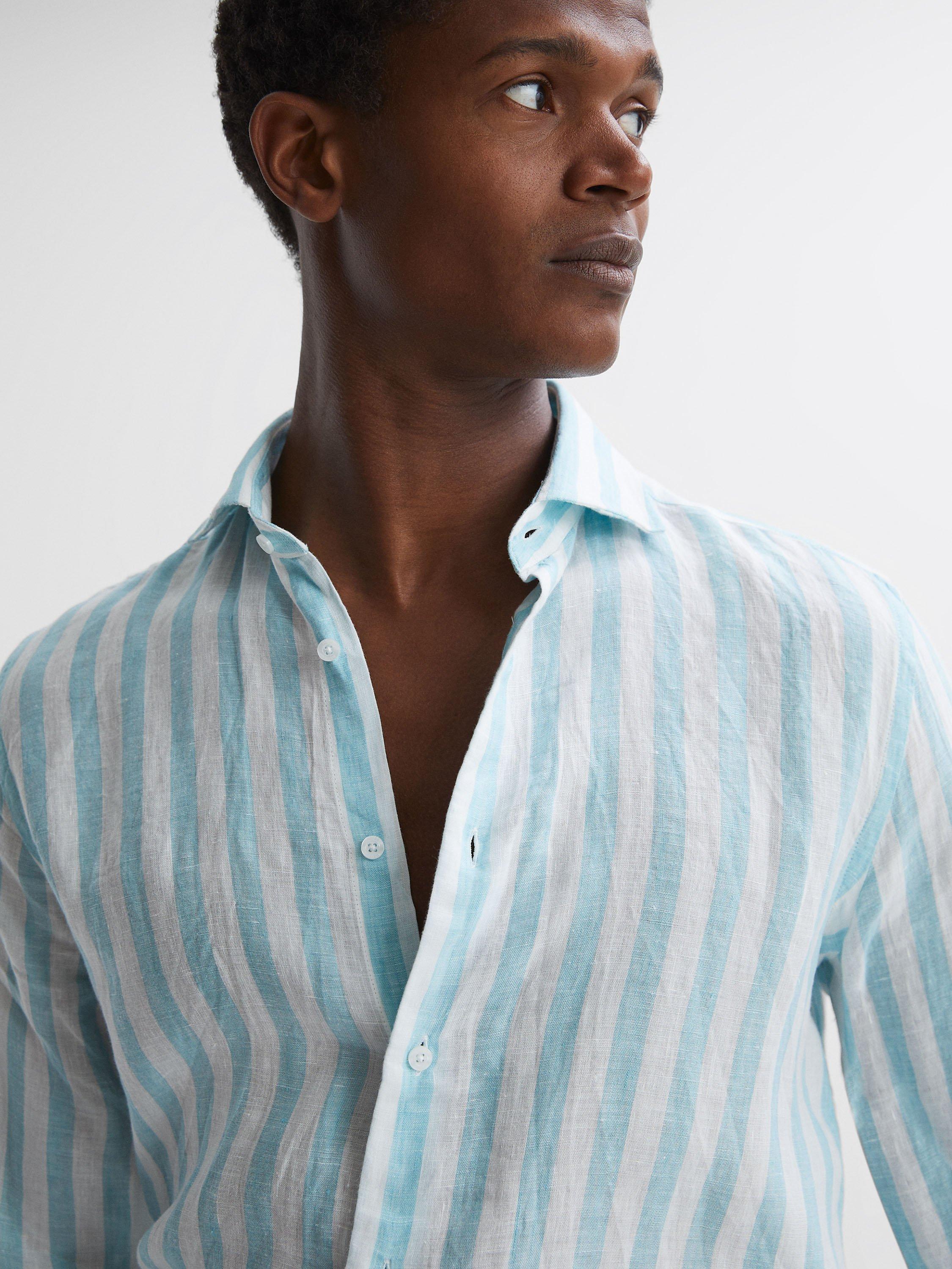 Reiss Ruban Stripe Regular Fit Linen Shirt, Aquamarine
