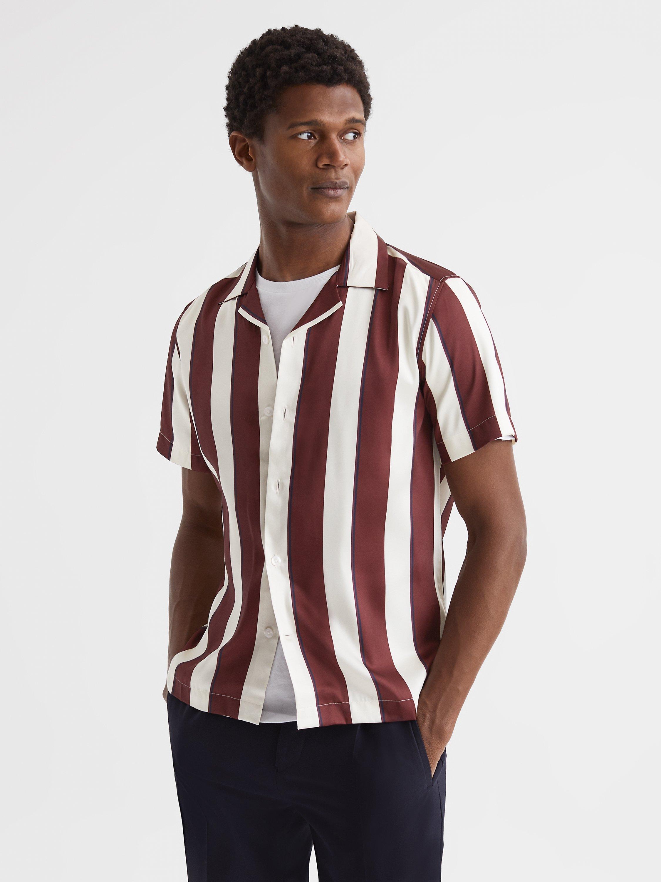 Reiss Virginia Stripe Regular Fit Cuban Collar Shirt, Rust