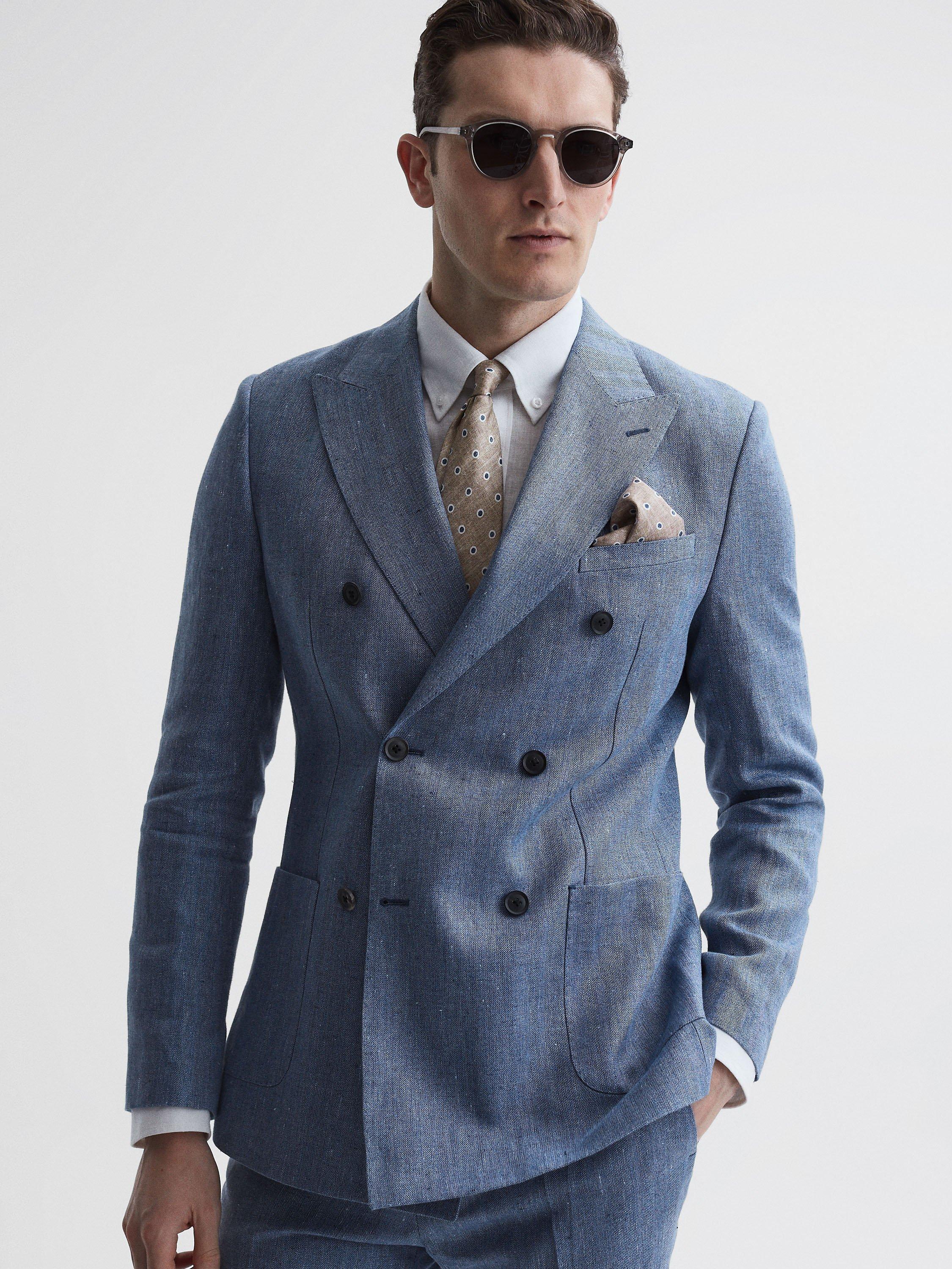 Reiss Cheltenham Herringbone Tailored Linen Blazer, Chambray