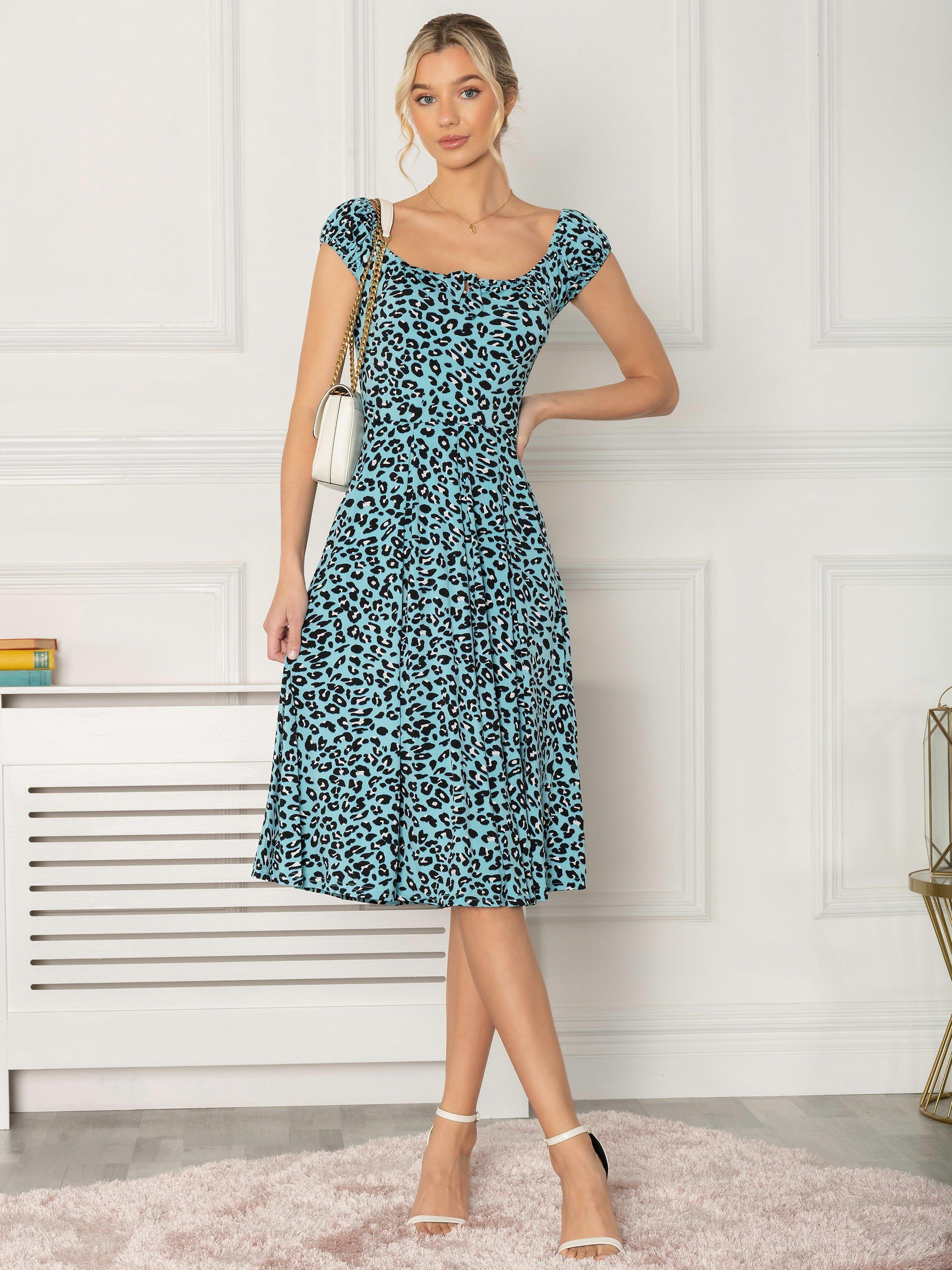 Jolie Moi Lindsey Bow Front Midi Dress, Blue Animal, 20