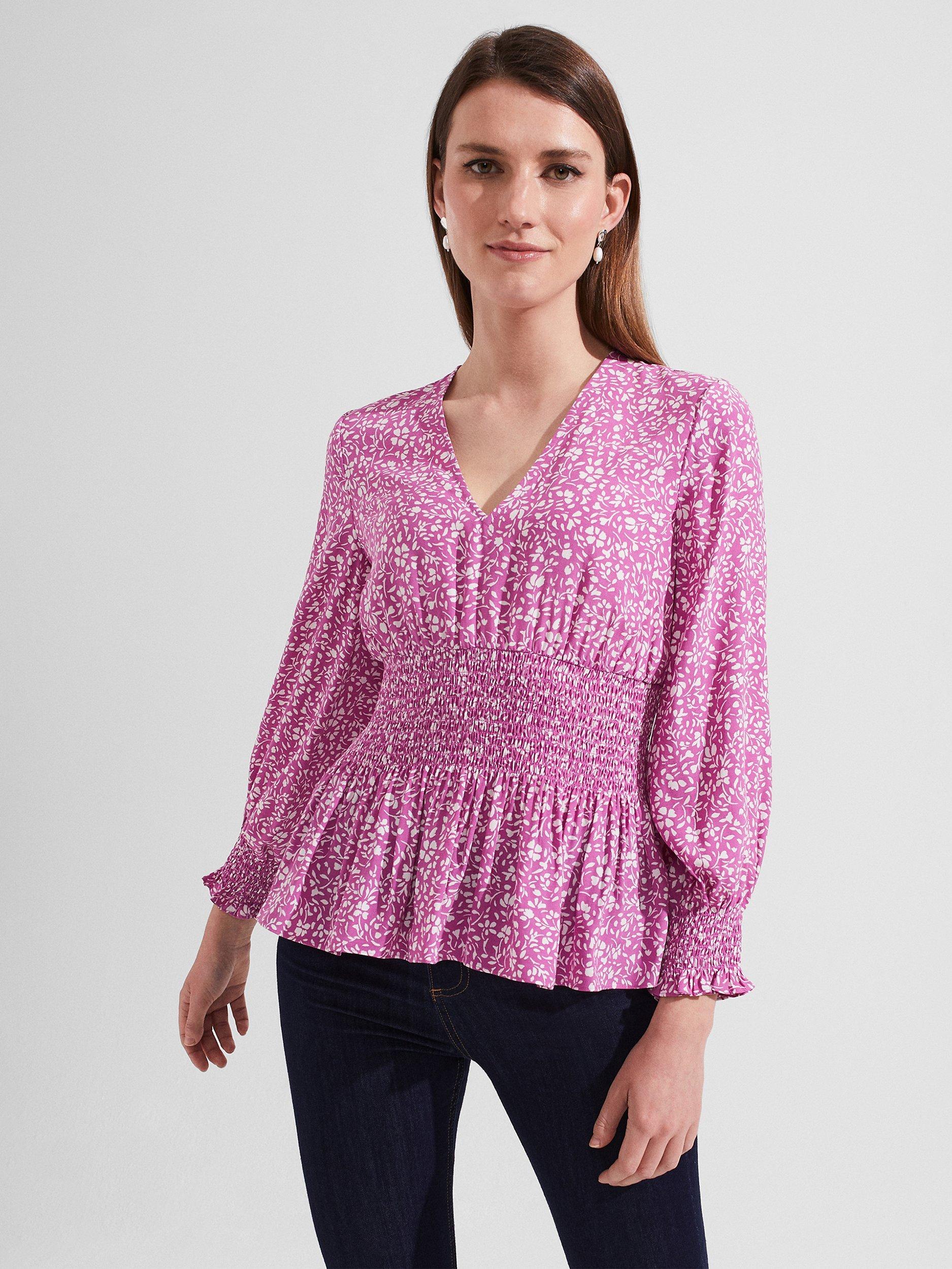 Hobbs Samira Shirred Floral Top, Violet/Ivory