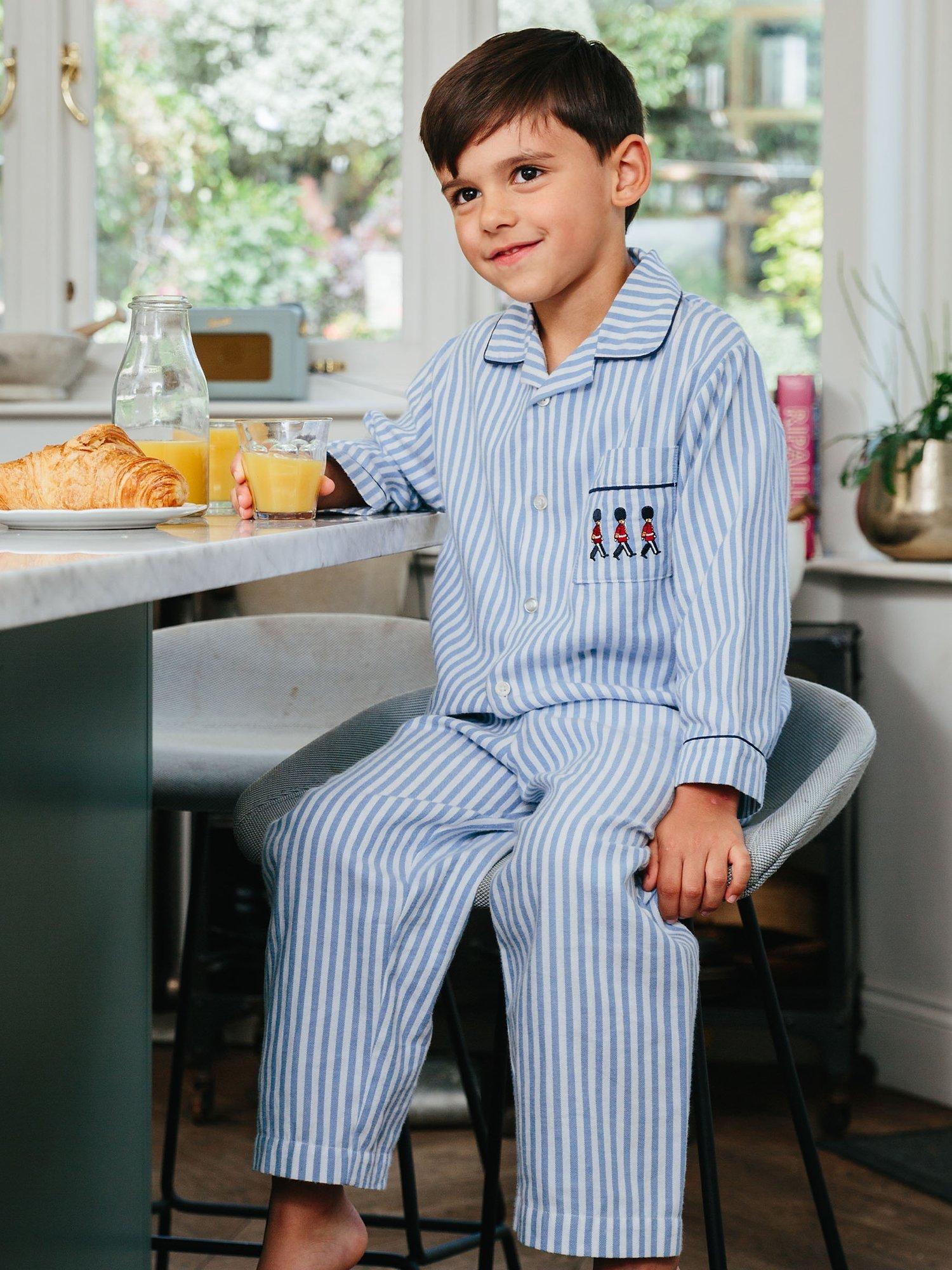 Product image 3 of 3, which shows Trotters Kids' Felix Brushed Cotton Stripe Pyjamas, Blue/White Stripe, 12-24 months