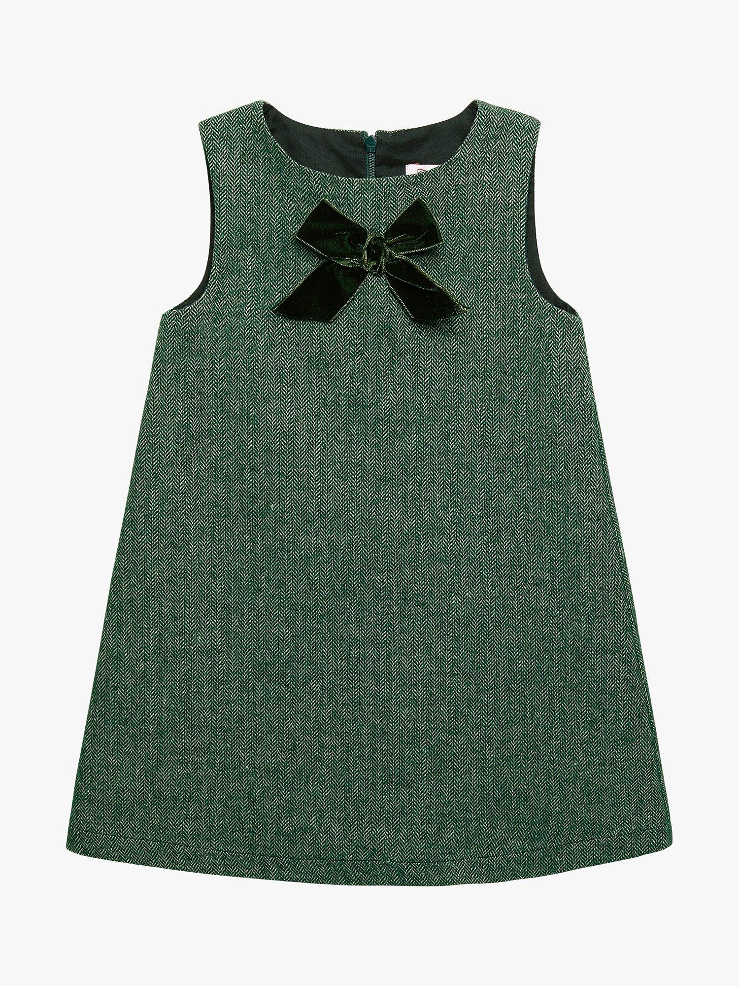 Product image 1 of 3, which shows Trotters Kids' Georgina Herringbone Pinafore Bow Dress, Green, 2 years