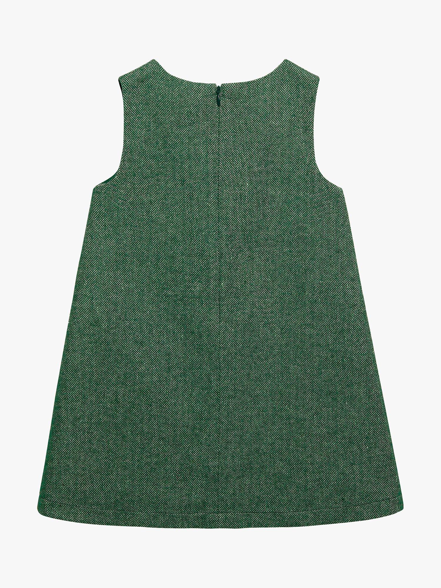 Product image 2 of 3, which shows Trotters Kids' Georgina Herringbone Pinafore Bow Dress, Green, 2 years
