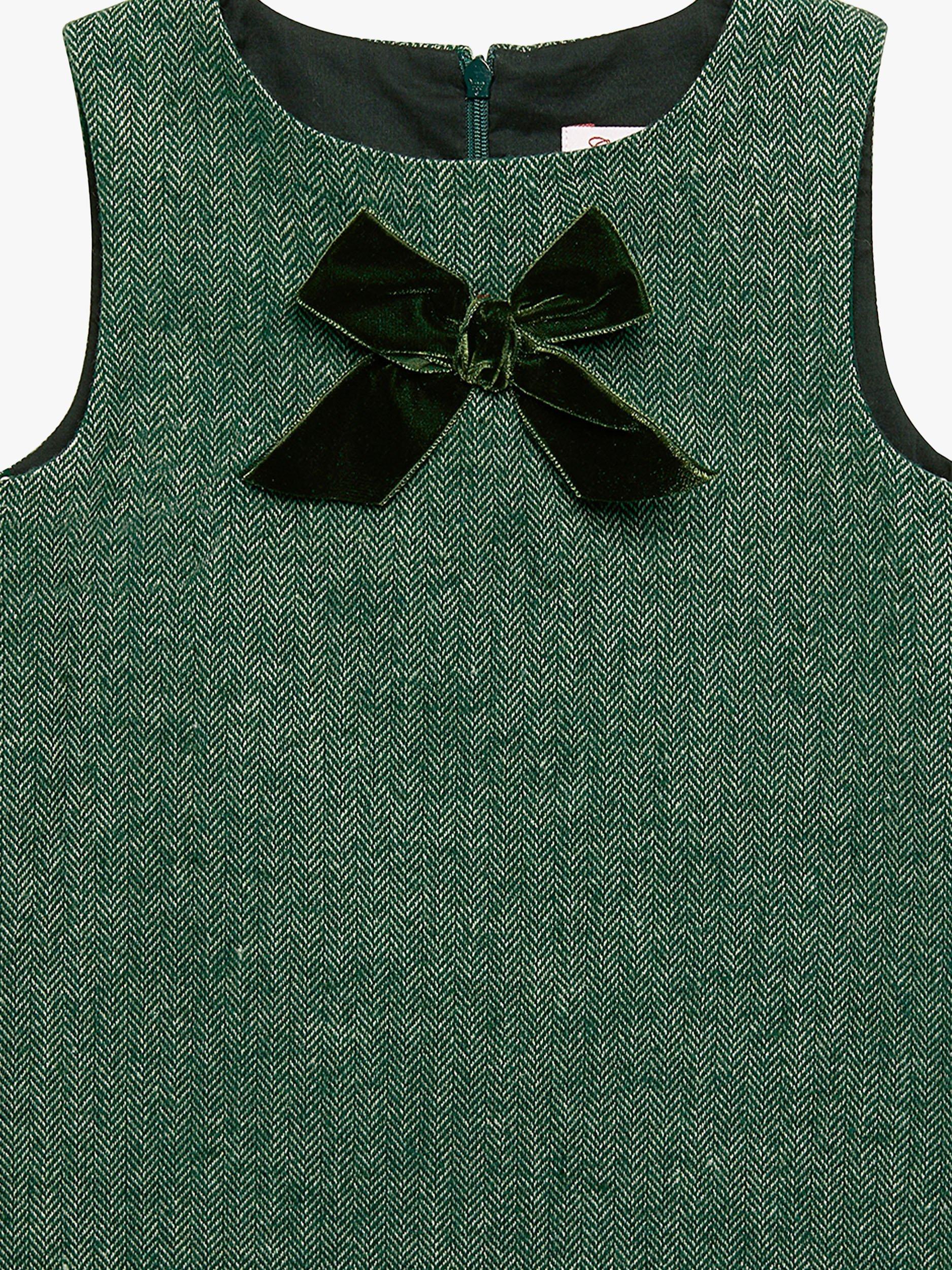 Product image 3 of 3, which shows Trotters Kids' Georgina Herringbone Pinafore Bow Dress, Green, 2 years