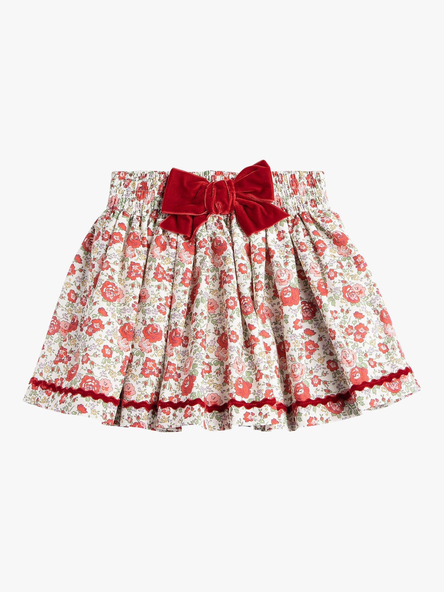 Trotters Kids' Felicite Floral Print Cotton Bow Skirt, Red/Multi