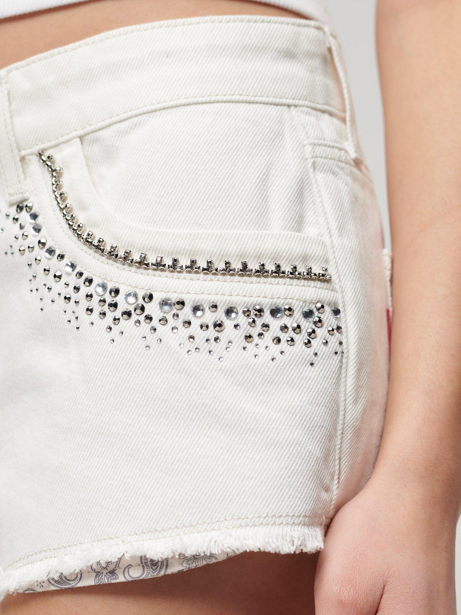 Product image 5 of 5, which shows Superdry Diamante Embellished Denim Shorts, Vintage White, 24