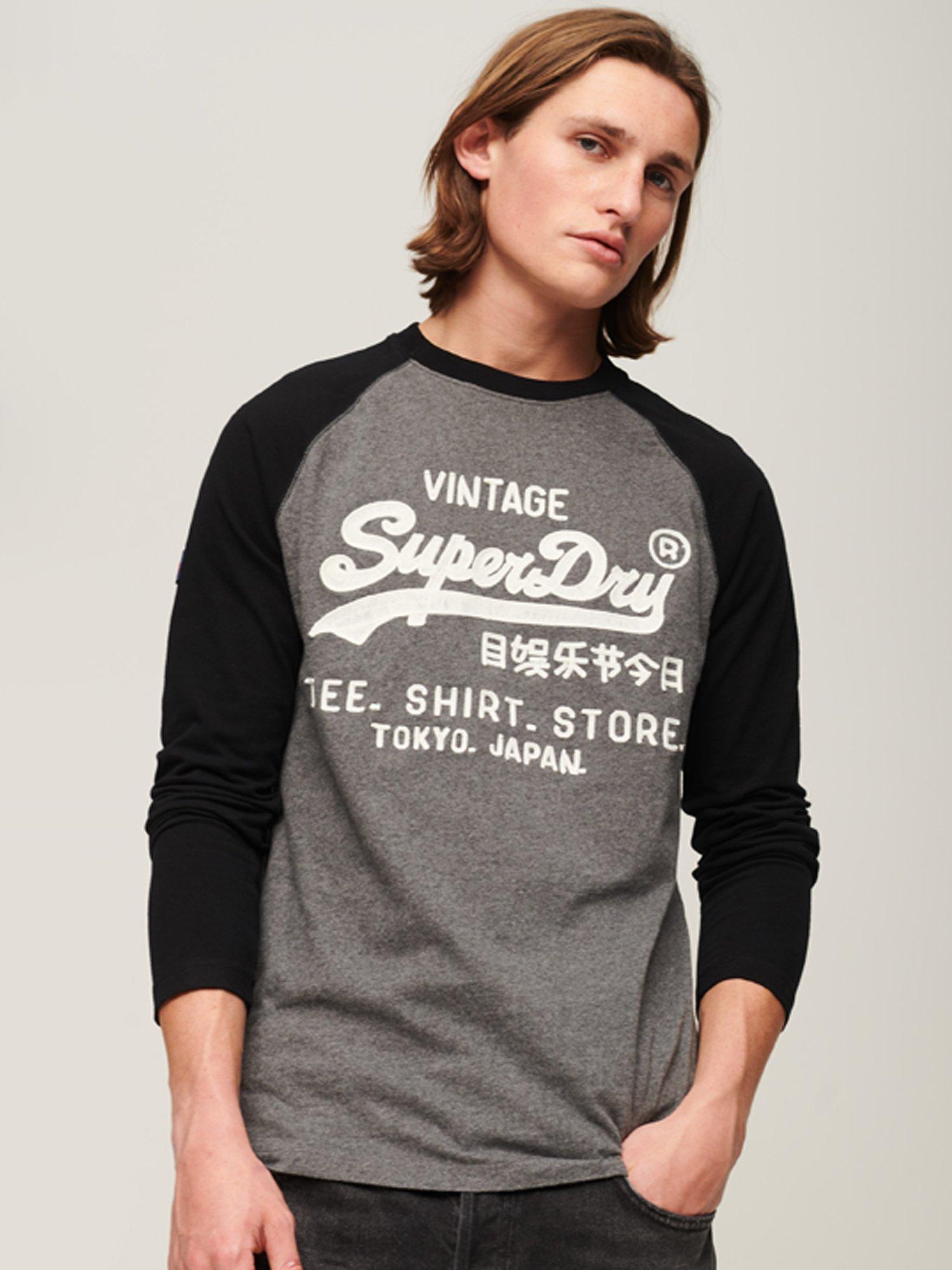 Superdry Vintage Logo Store Raglan Long Sleeve Top, Charcoal Marl/Black