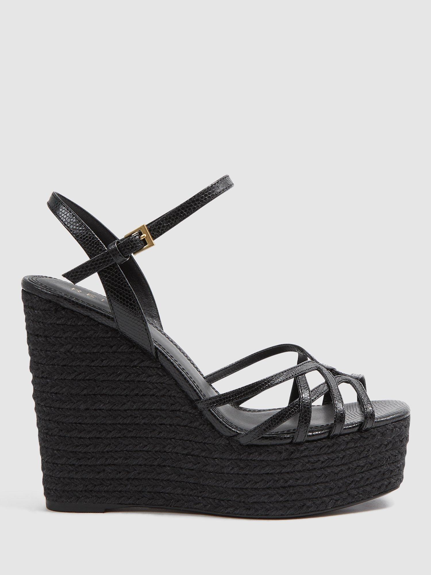 Reiss Elle Cross Strap Leather Wedge Sandals, Black