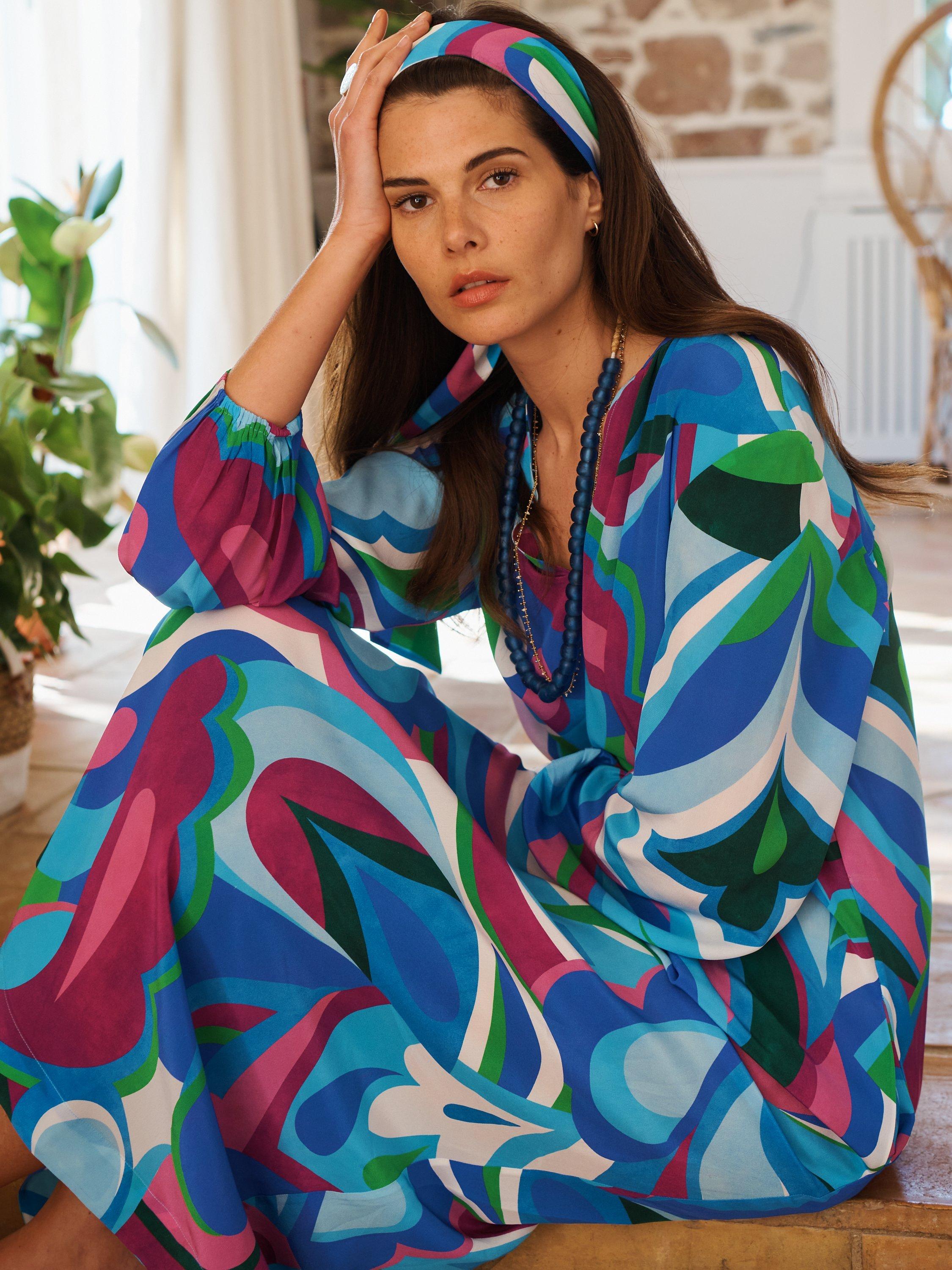 Product image 1 of 7, which shows NRBY Dyan Silk Big Swirl Midi Dress, Blue/Multi, XS