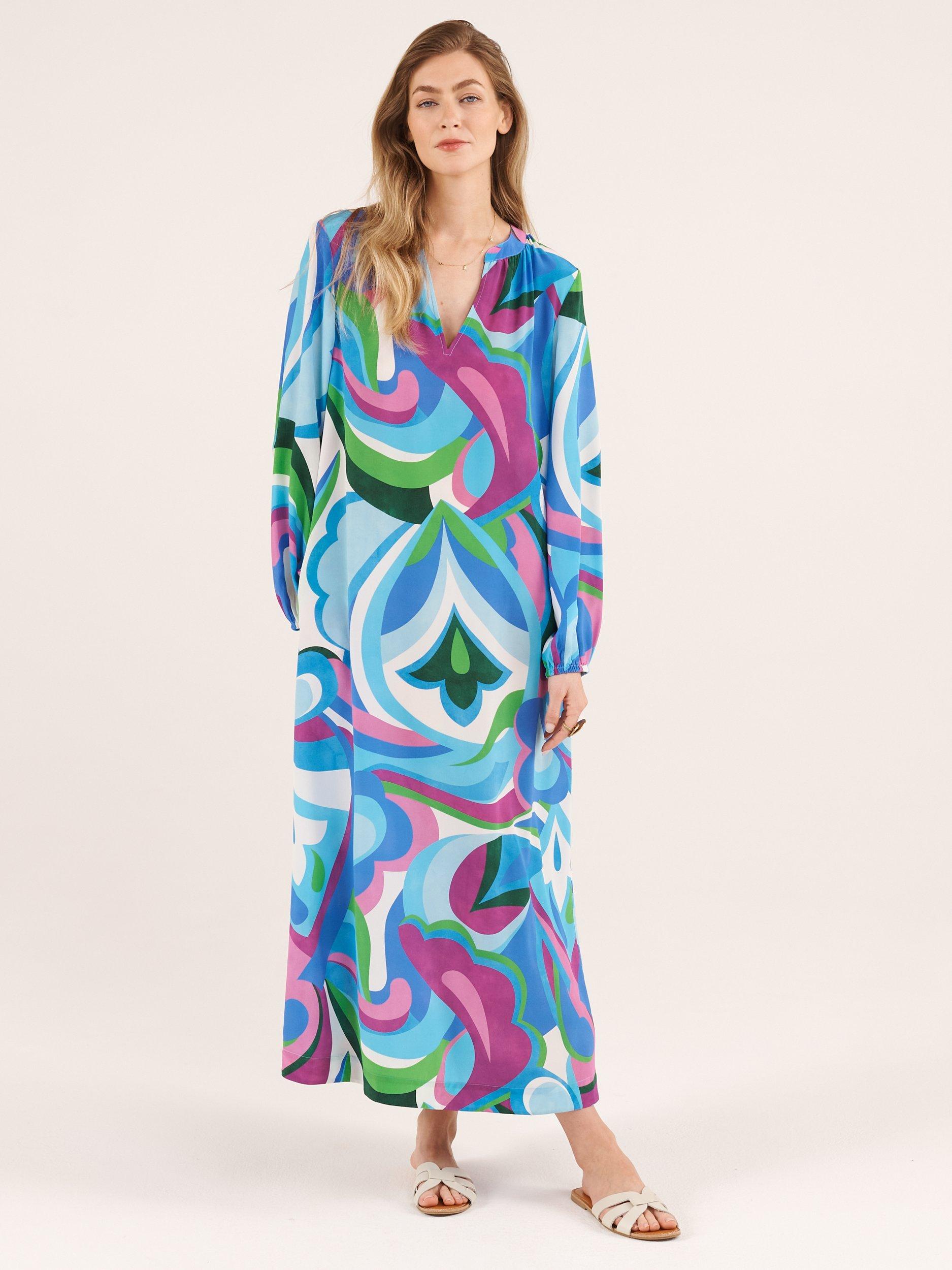 Product image 2 of 7, which shows NRBY Dyan Silk Big Swirl Midi Dress, Blue/Multi, XS