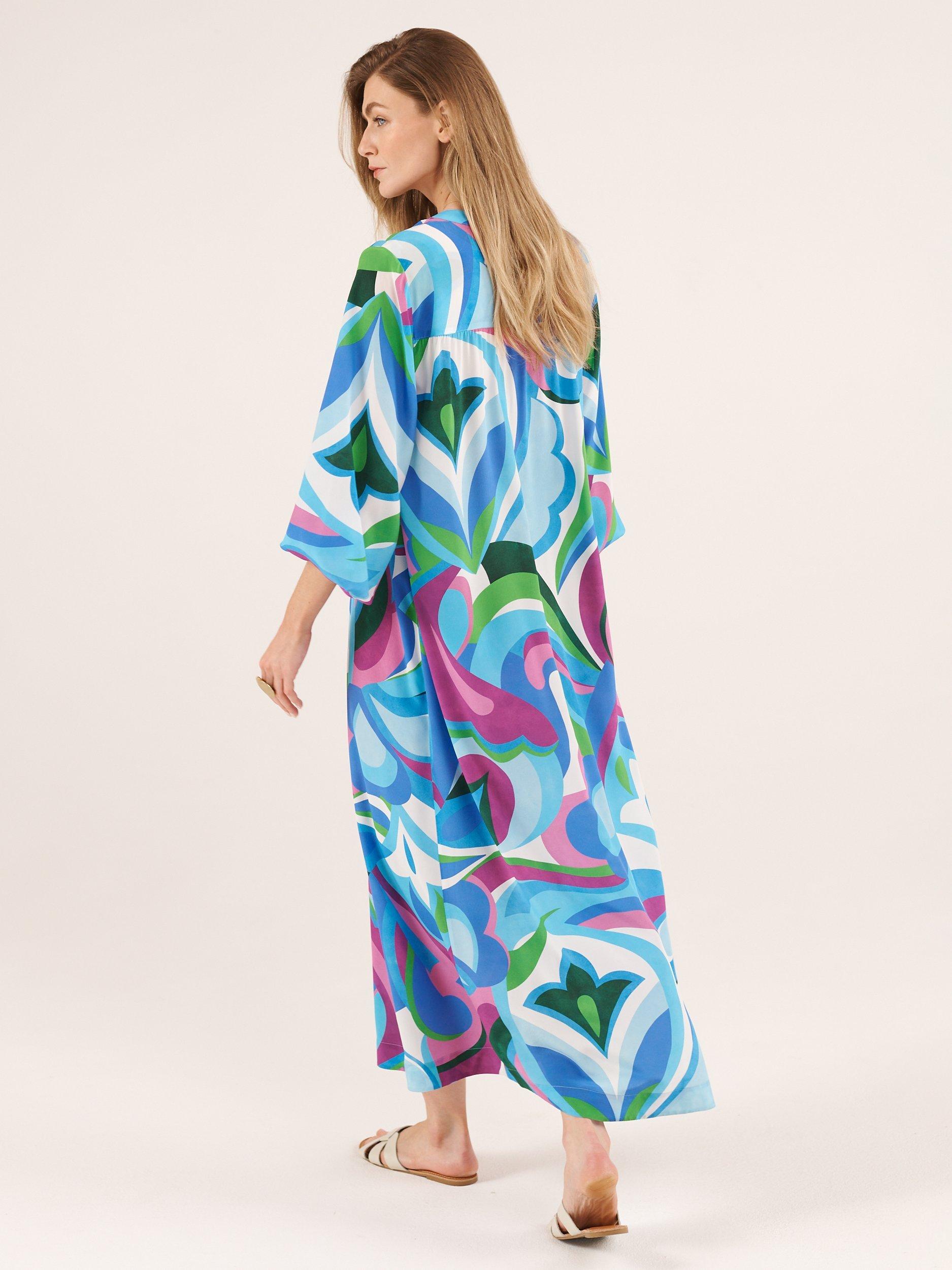 Product image 3 of 7, which shows NRBY Dyan Silk Big Swirl Midi Dress, Blue/Multi, XS