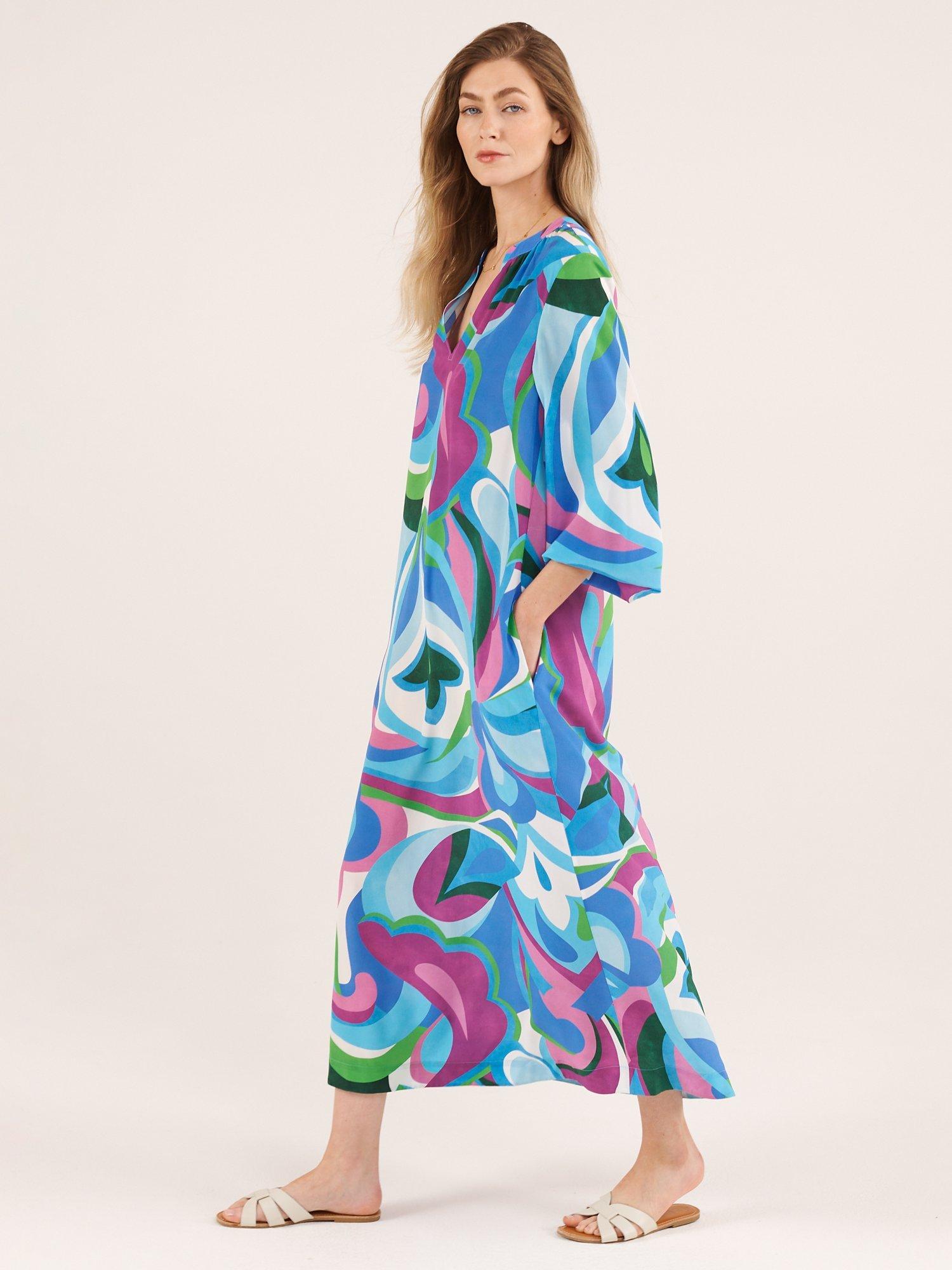 Product image 4 of 7, which shows NRBY Dyan Silk Big Swirl Midi Dress, Blue/Multi, XS