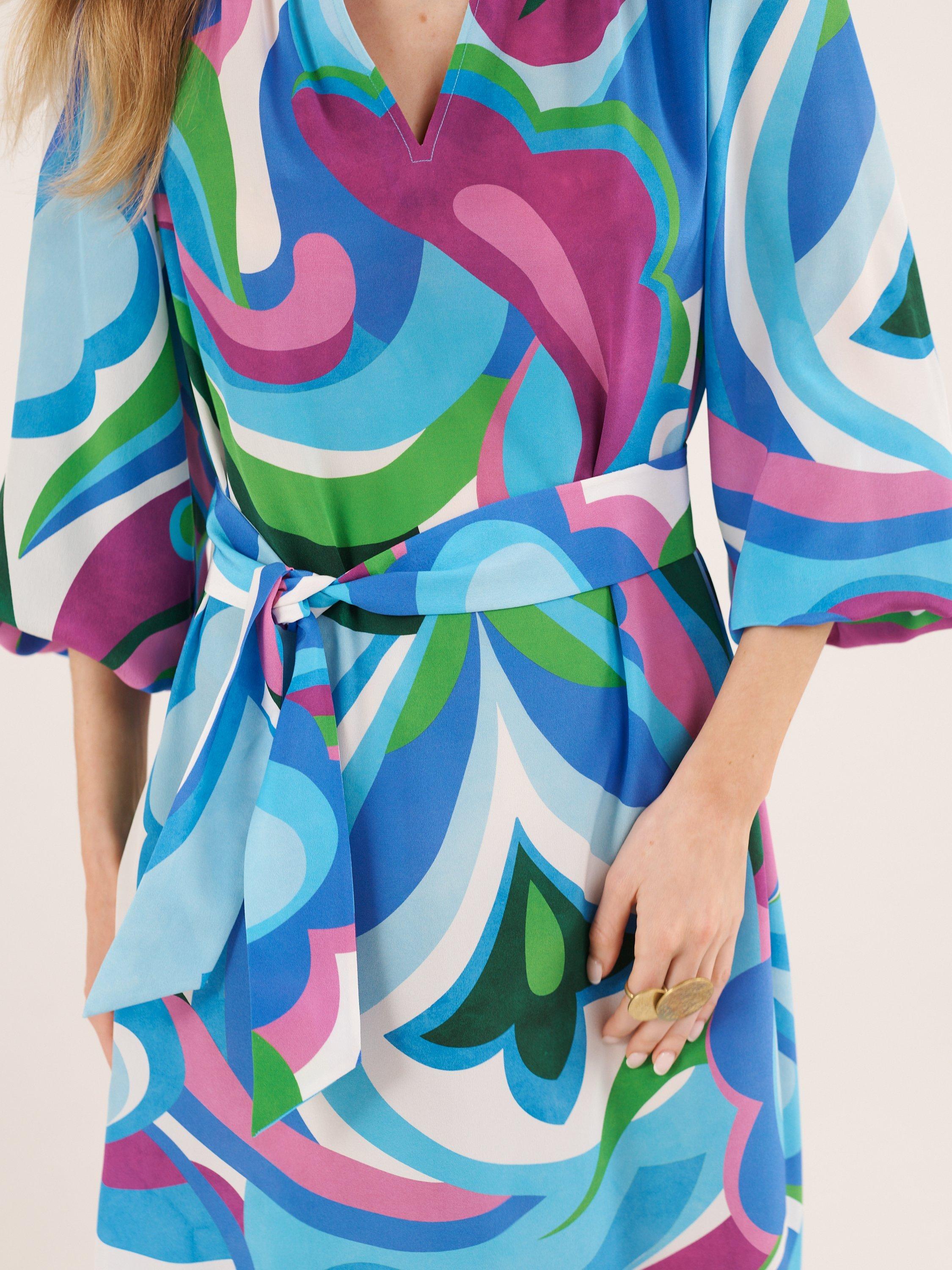 Product image 5 of 7, which shows NRBY Dyan Silk Big Swirl Midi Dress, Blue/Multi, XS