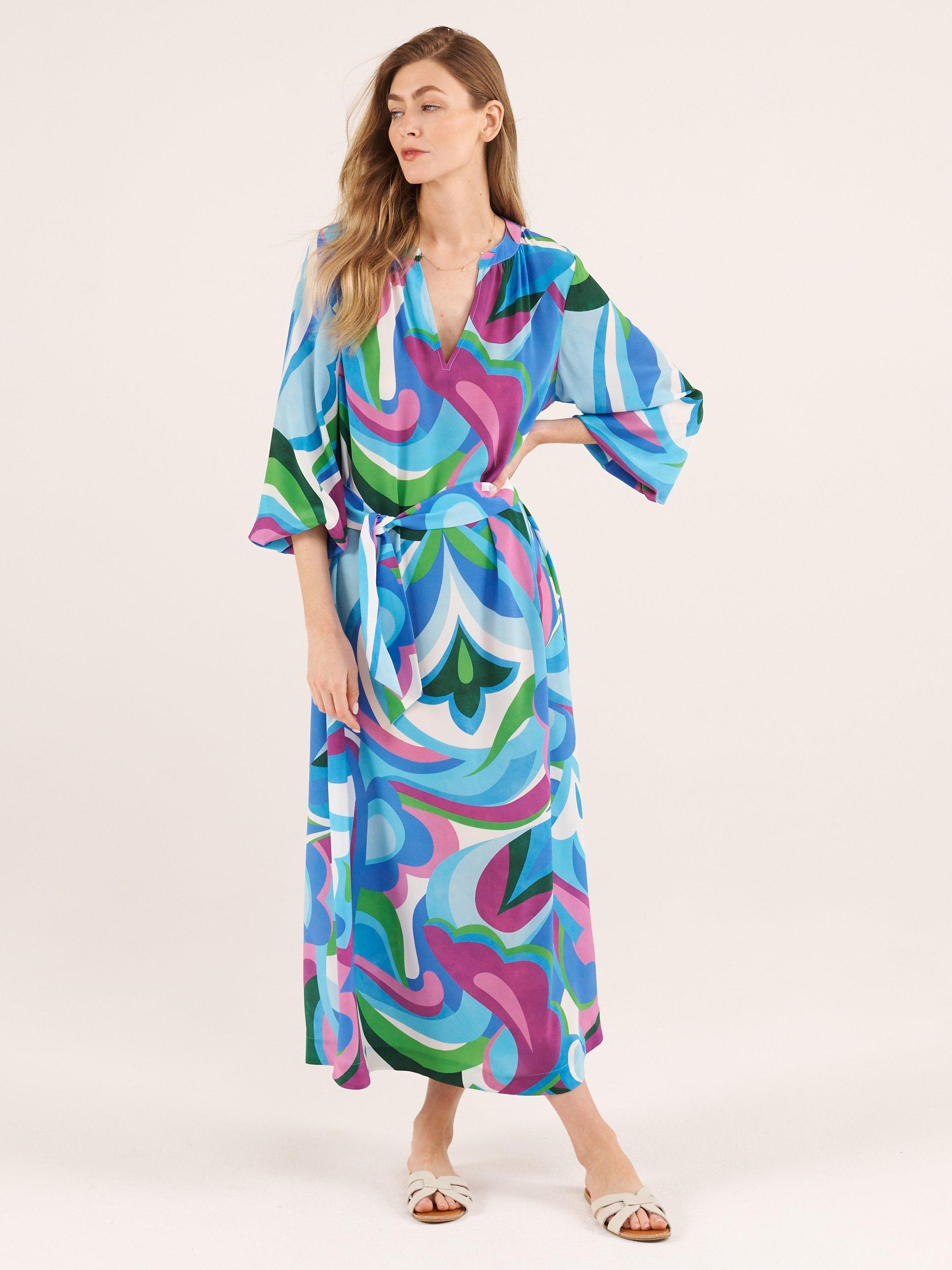Product image 6 of 7, which shows NRBY Dyan Silk Big Swirl Midi Dress, Blue/Multi, XS