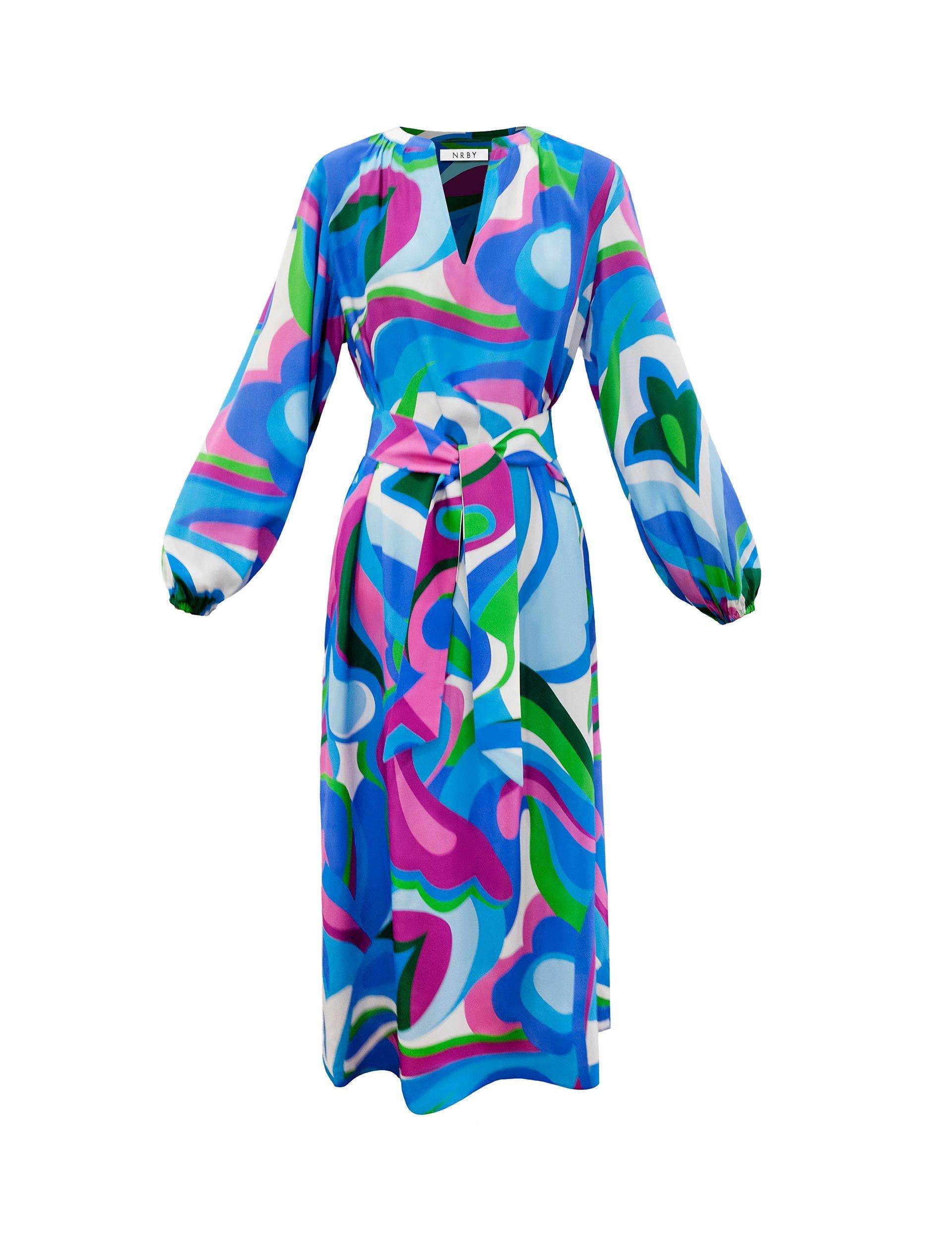 Product image 7 of 7, which shows NRBY Dyan Silk Big Swirl Midi Dress, Blue/Multi, XS
