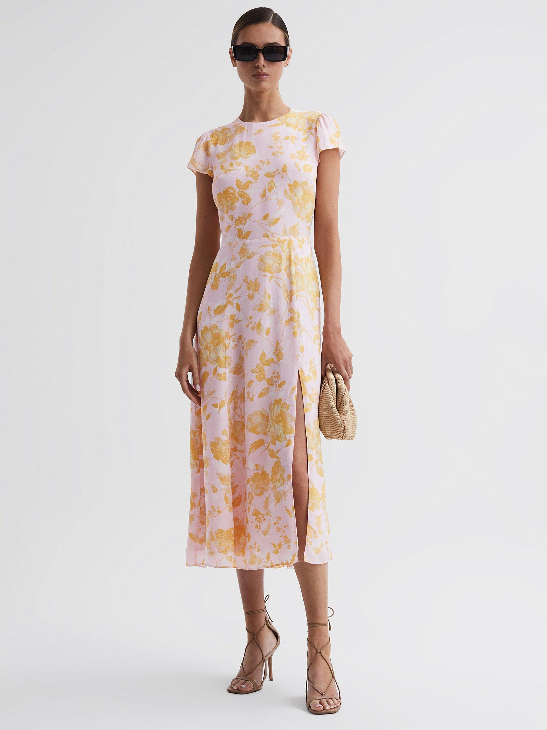 Reiss Livia Open Back Detail Midi Dress, Pink/Yellow