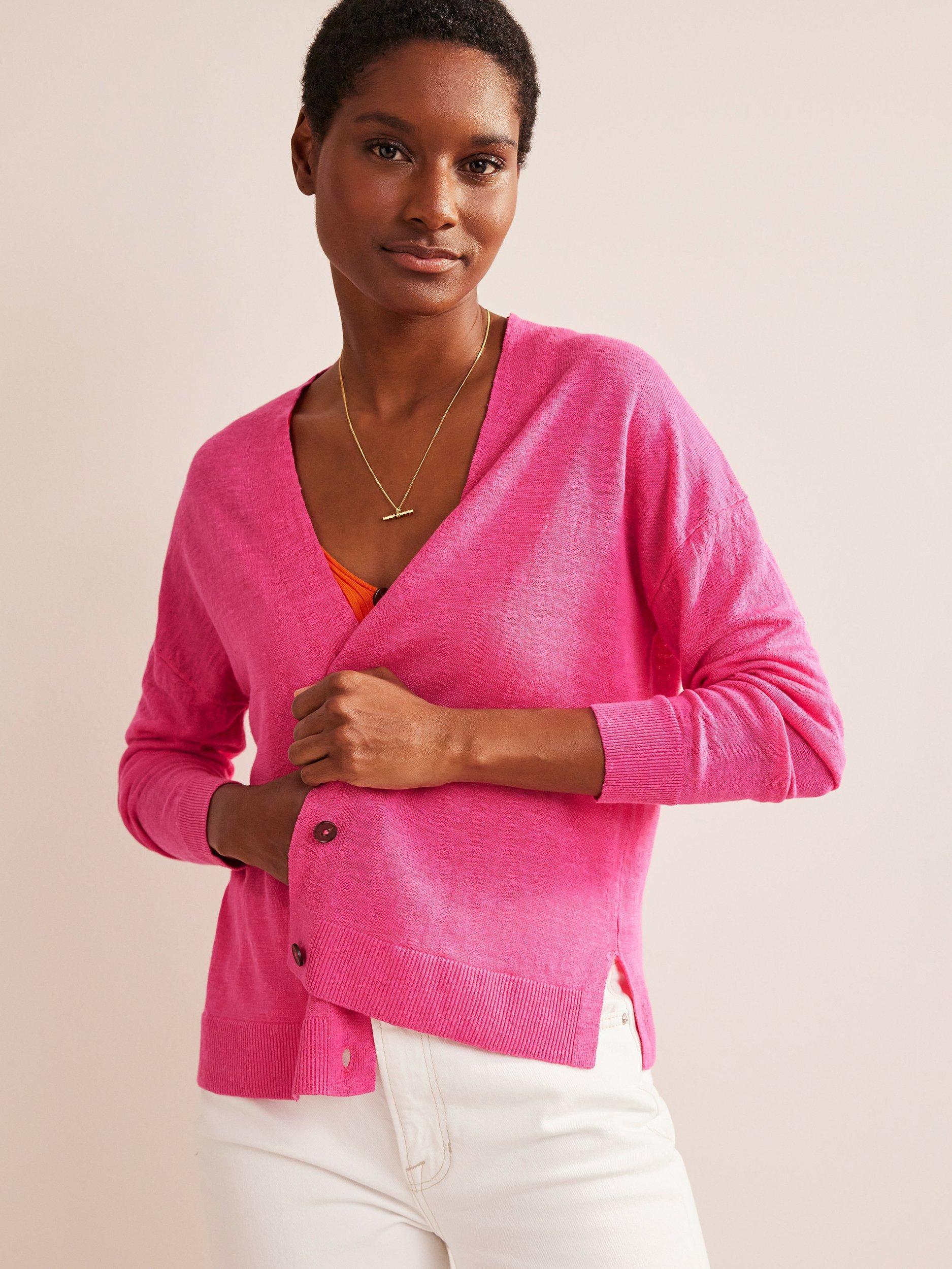 Boden V-Neck Linen Cardigan, Festival Pink