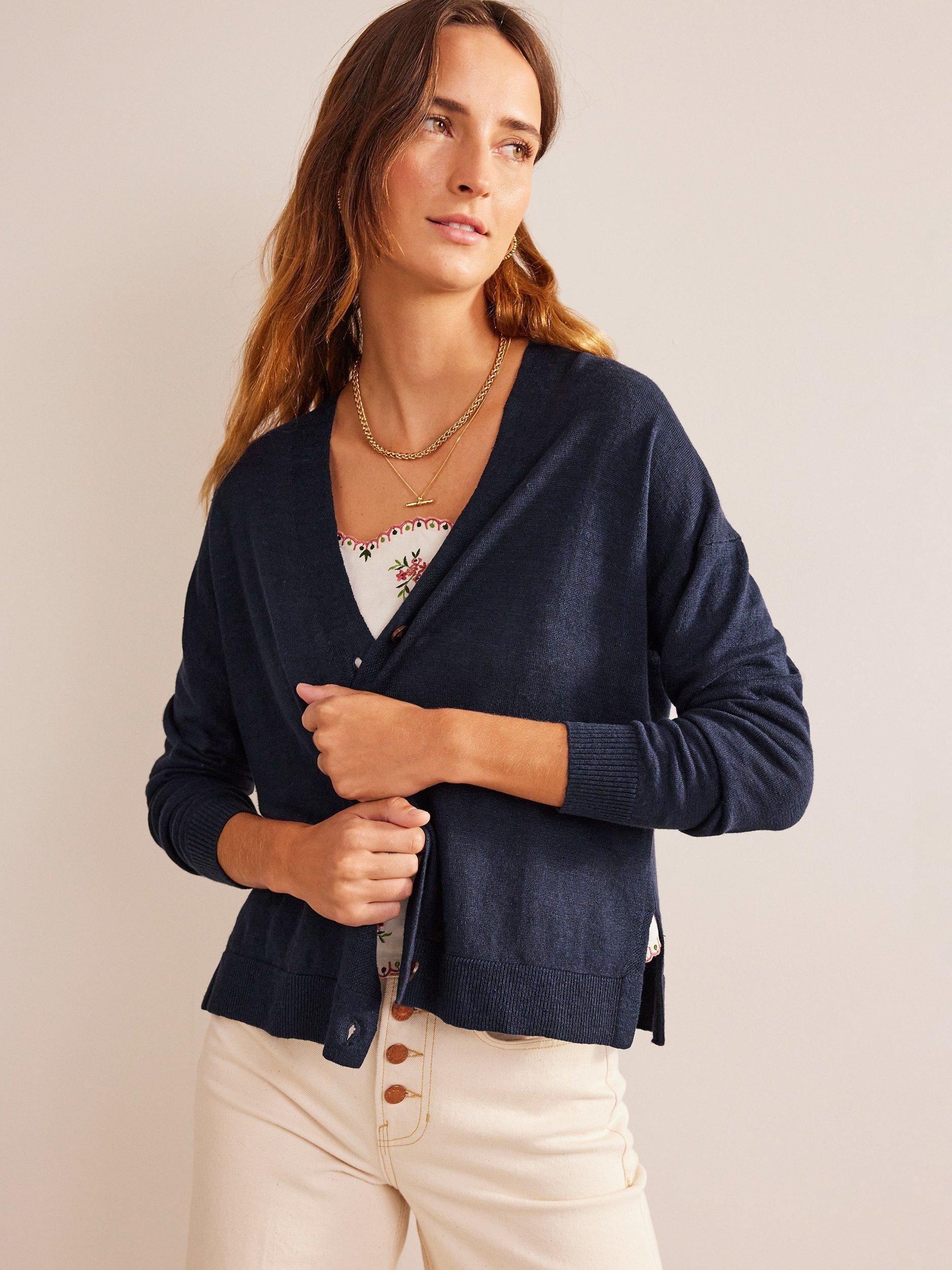 Boden V-Neck Linen Cardigan, Navy