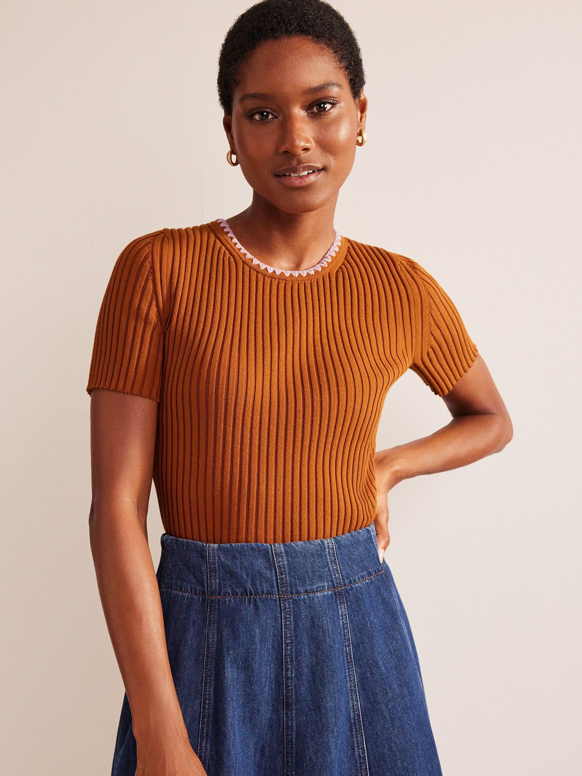 Boden Crochet Trim Knitted T-Shirt, Pumpkin