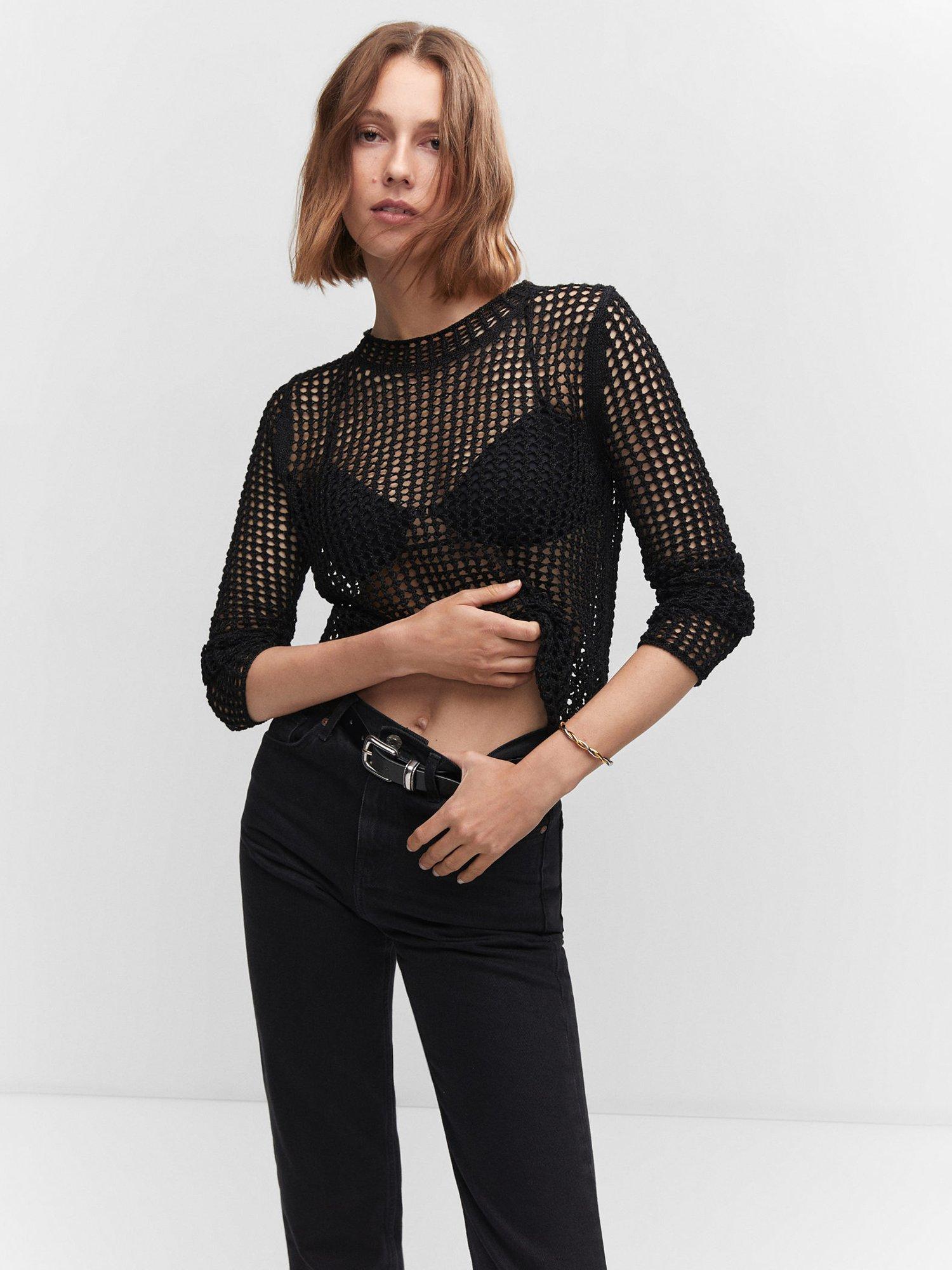 Mango Colmena Open Knit Long Sleeve Jumper, Black
