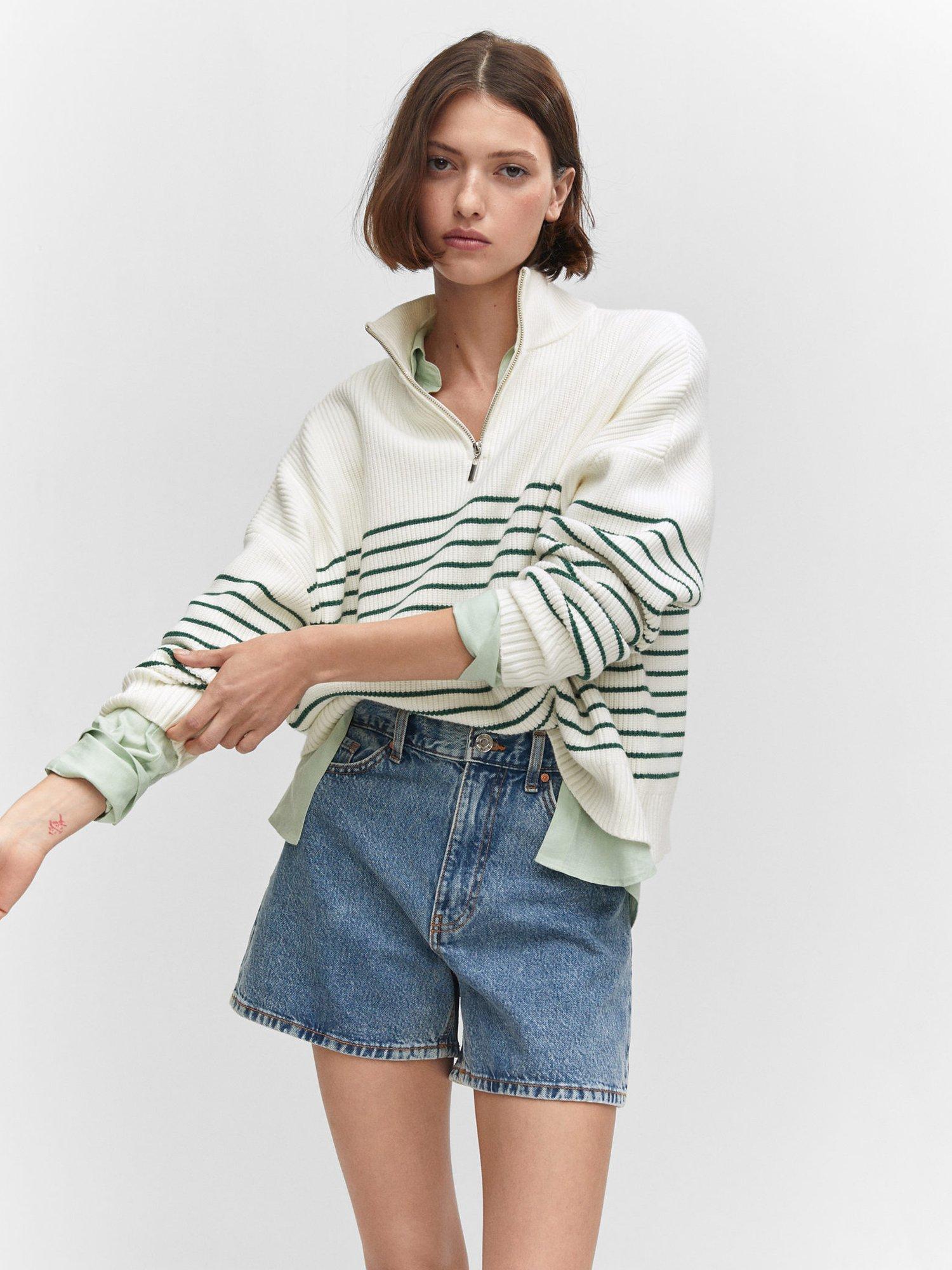 Mango Stripe Zip Neck Jumper, Green