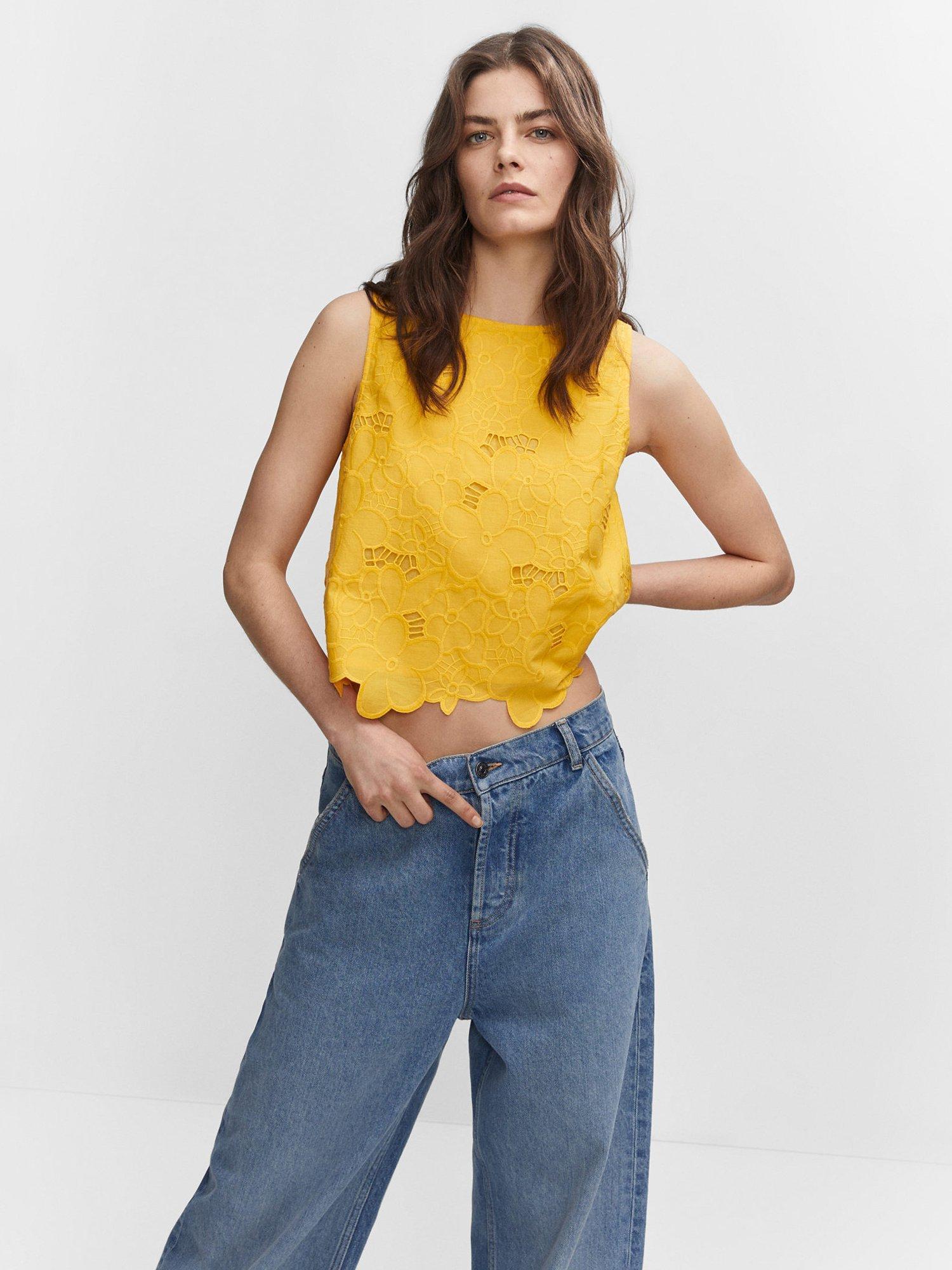 Mango Florian Floral Lace Sleeveless Blouse, Yellow