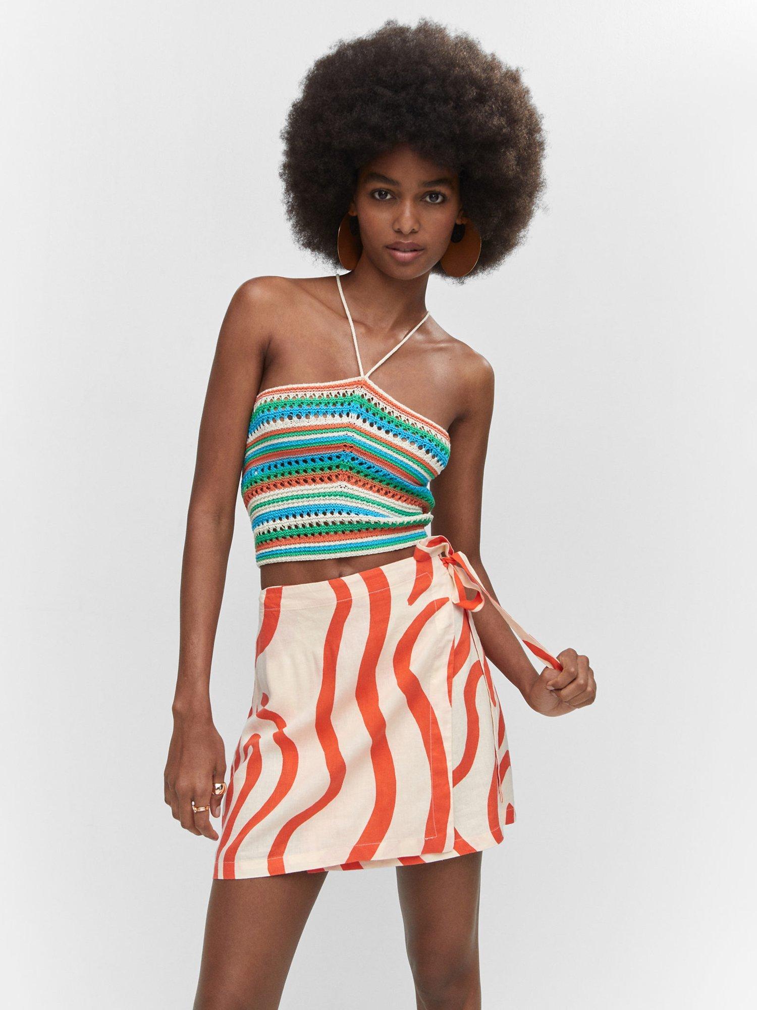 Mango Pepita Swirl Print Mini Skirt, Light Beige/Multi