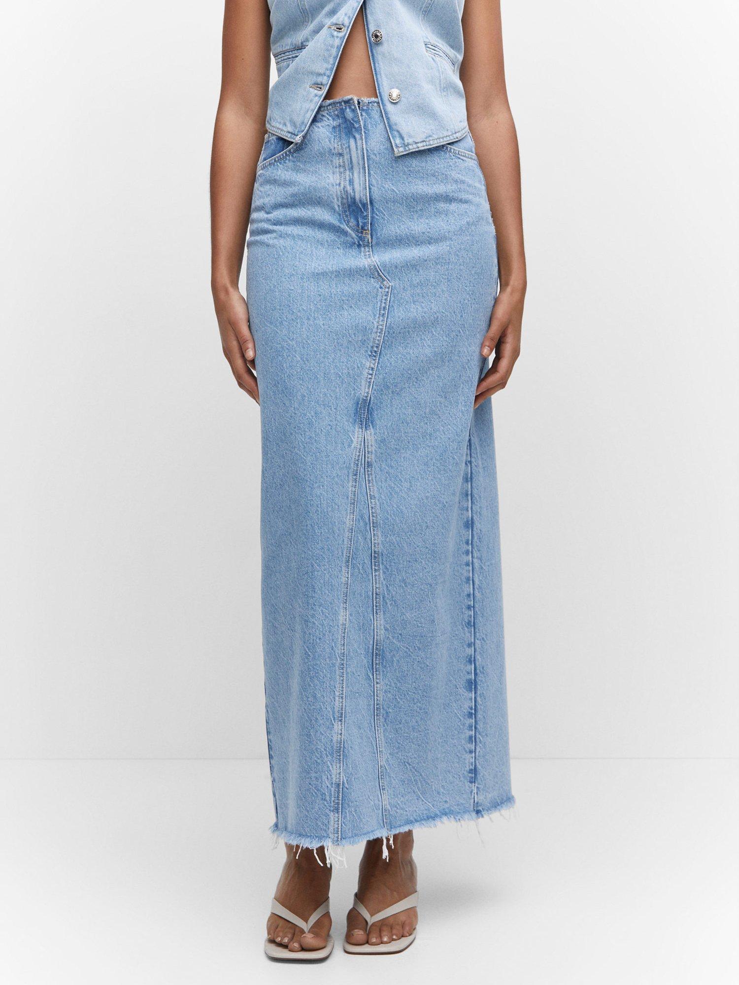 Mango Frankie Frayed Maxi Denim Skirt, Open Blue