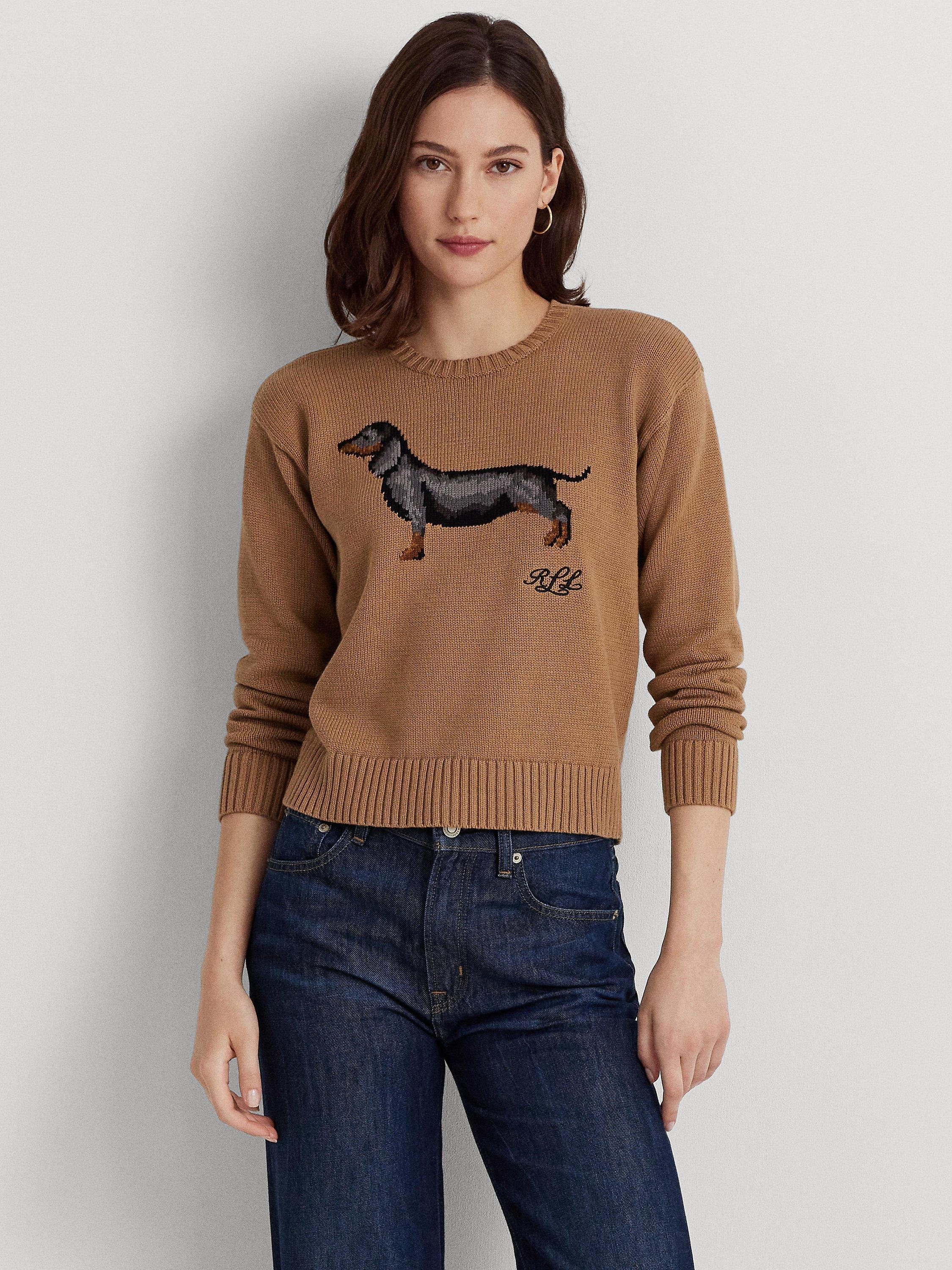 Lauren Ralph Lauren Riednee Dog Intarsia Cotton Jumper, Camel