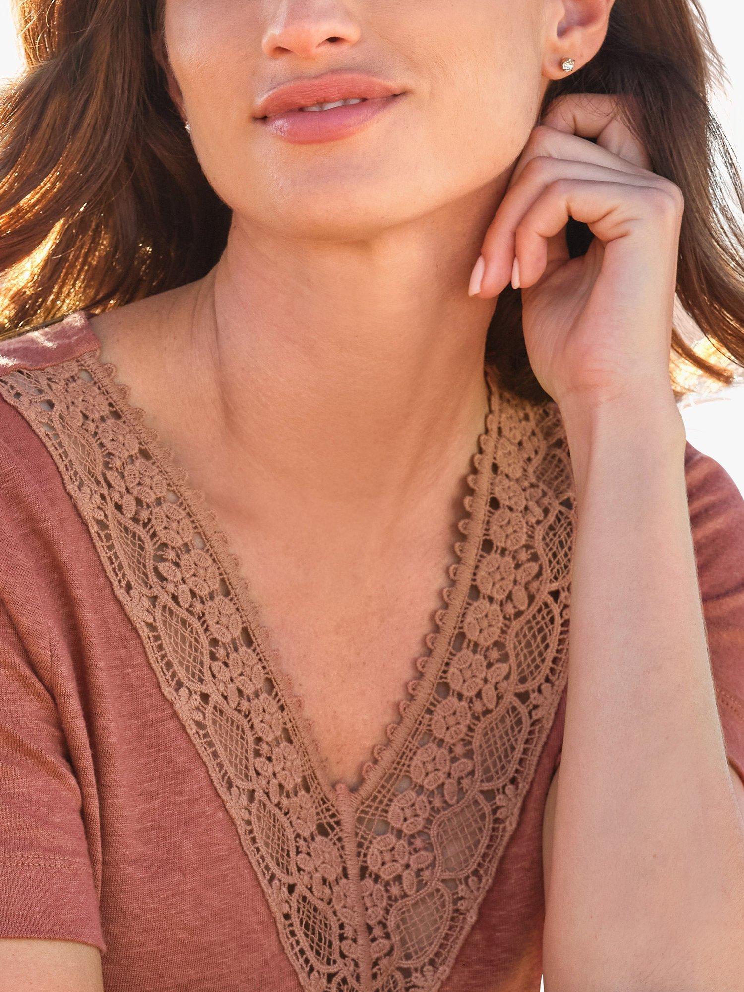 Product image 1 of 1, which shows Pure Collection Luxury Linen Lace Trim V-Neck Top, Cinnamon, 8
