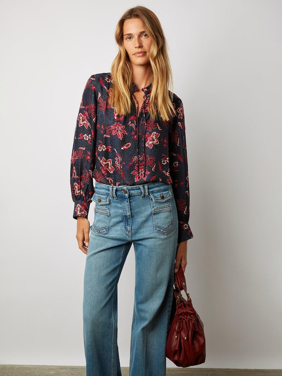Gerard Darel Cecile Silk Blend Blouse, Navy/Multi