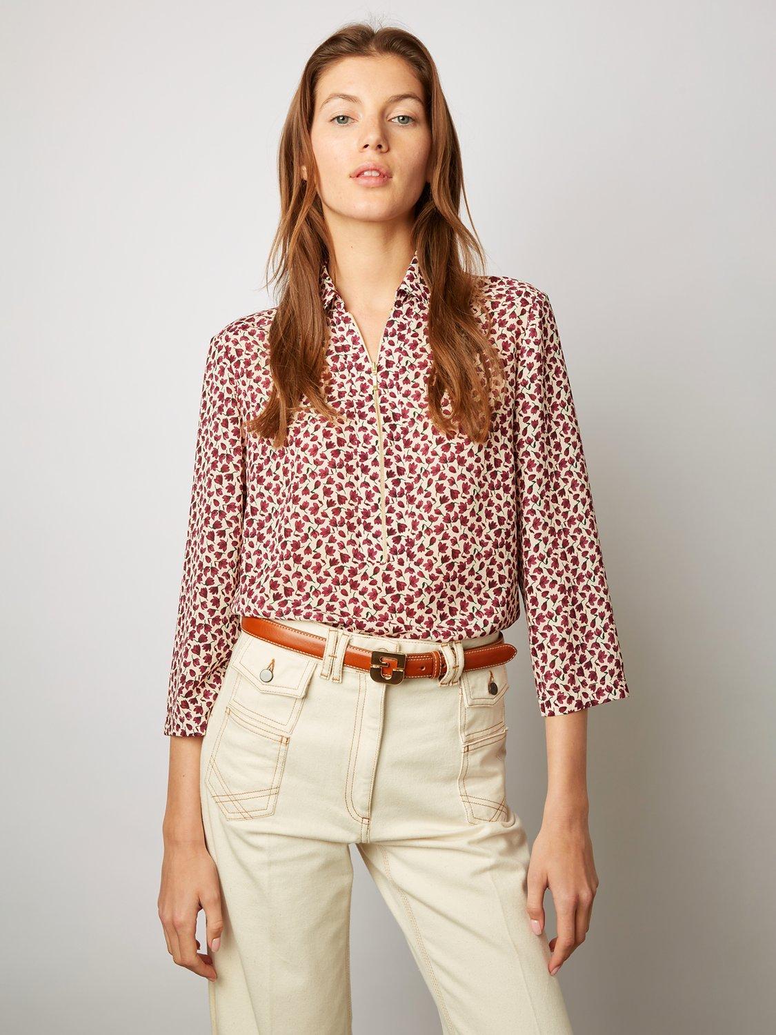 Gerard Darel Catherine Floral Zip Up Blouse, Fuchsia/Multi