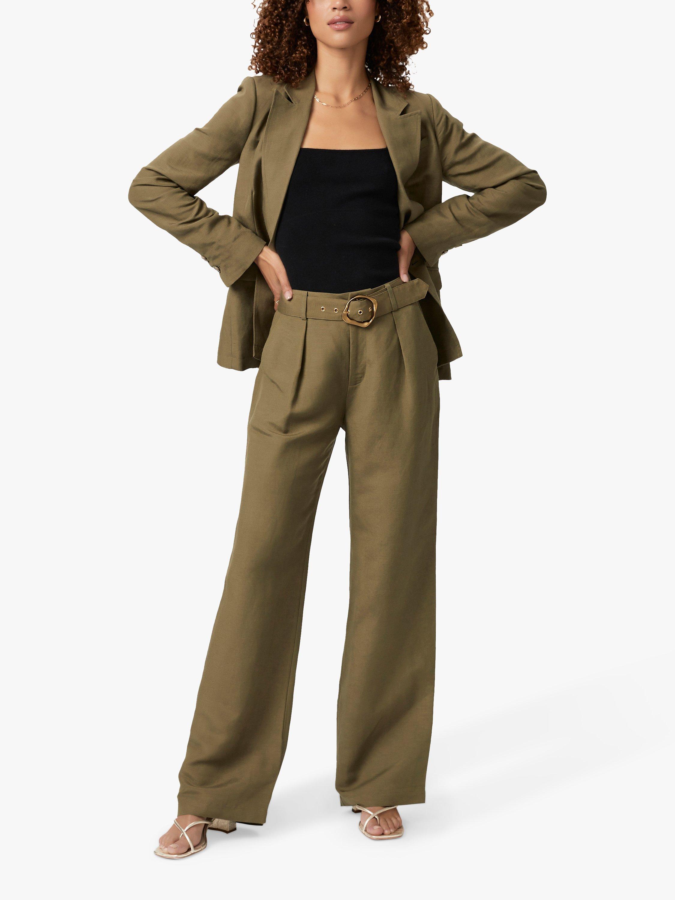 PAIGE Dallas Plain Wide Leg Linen Blend Trousers, Army
