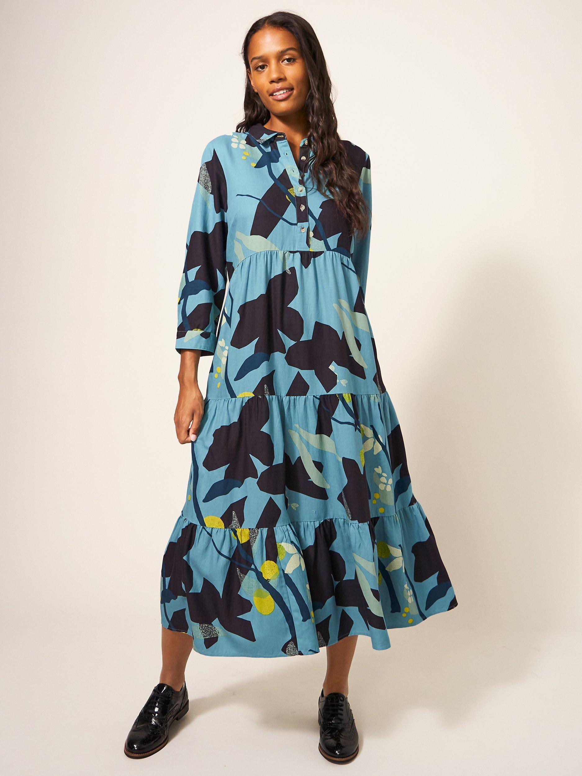 White Stuff Maya Floral Midi Tiered Dress, Teal/Multi