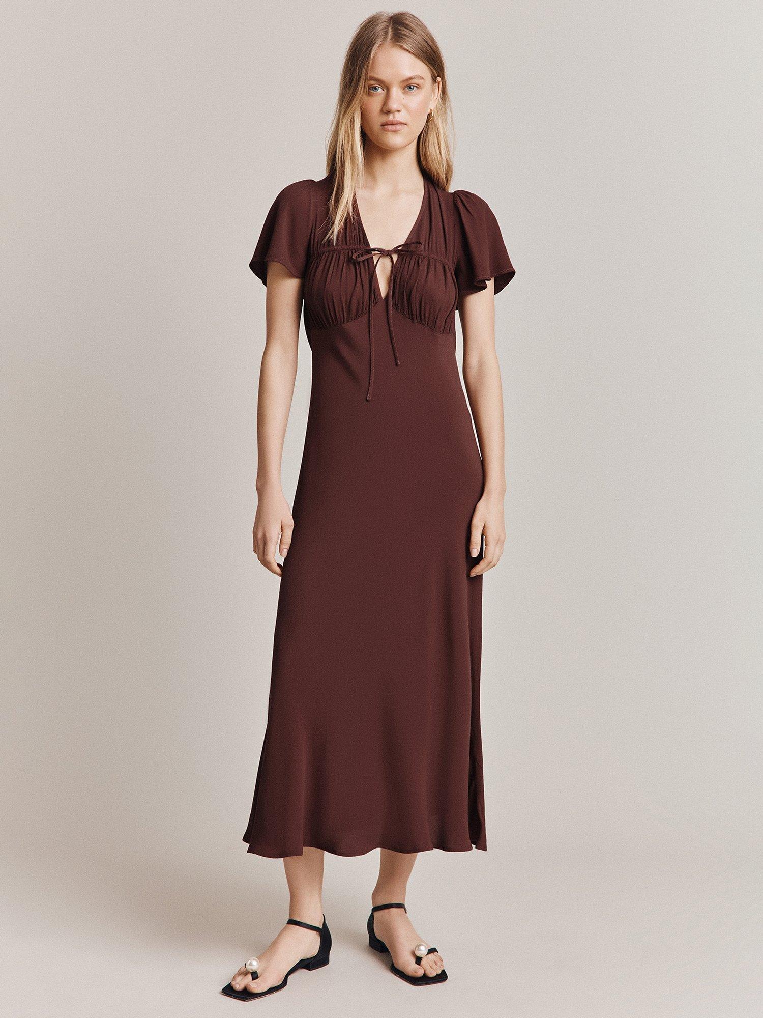 Ghost Laura Tie Detail Midi Dress, Russet
