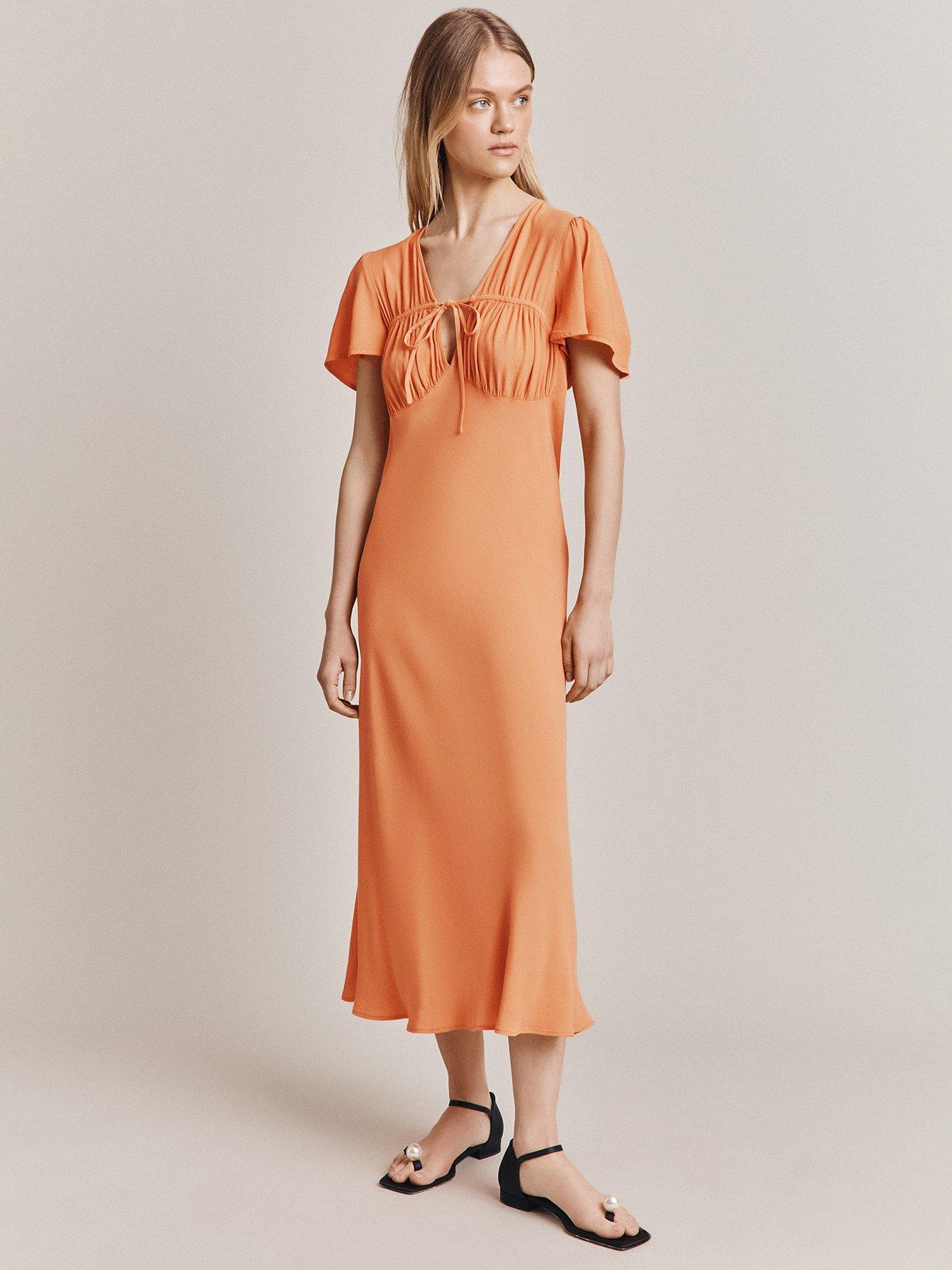 Ghost Laura Tie Detail Midi Dress, Soft Orange