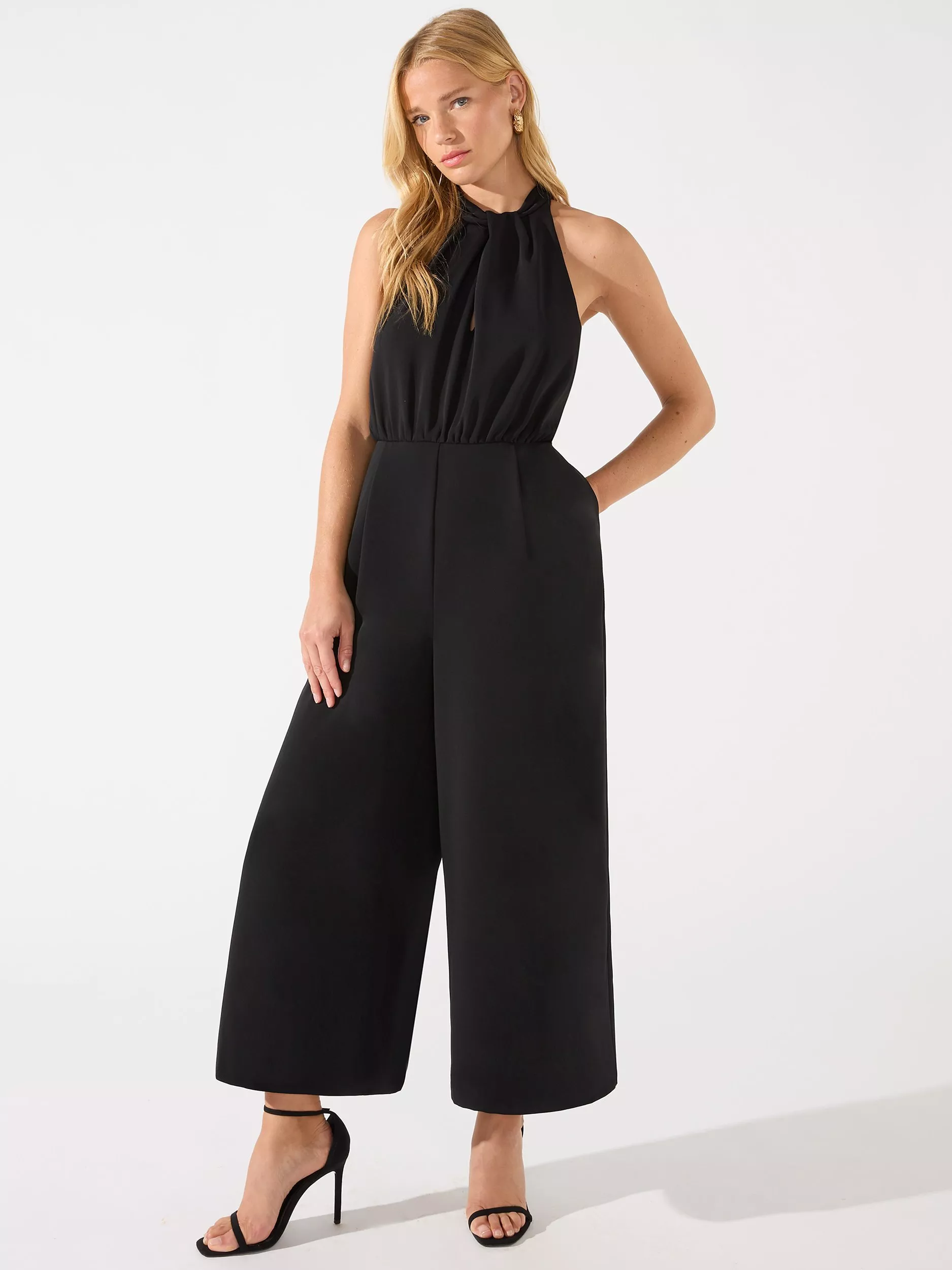 Ro Zo Sophia Petite Twist Neck Culotte Jumpsuit Black