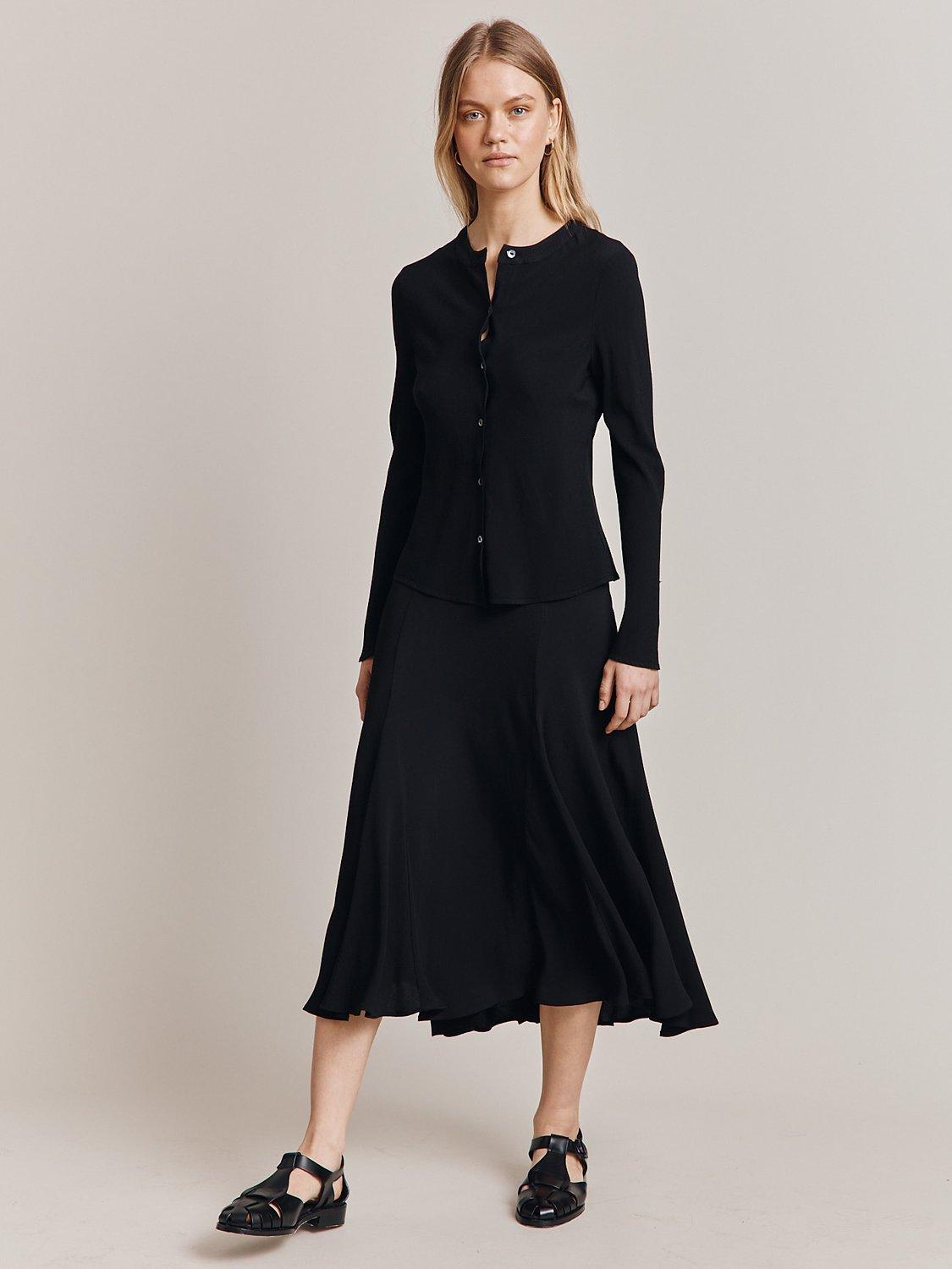 Product image 1 of 4, which shows Ghost Phoebe Godet Panel Crepe Midi Skirt, Black, XS