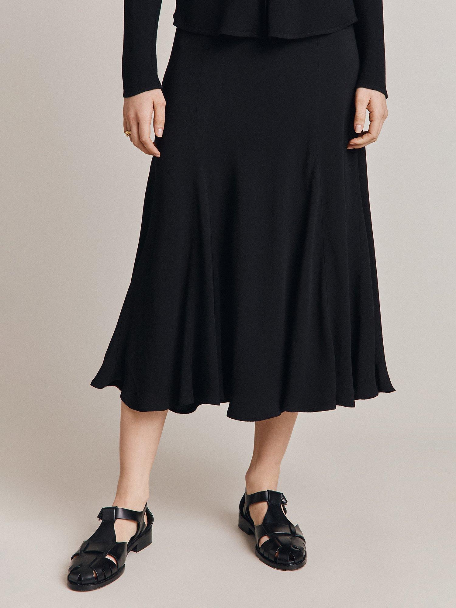 Product image 4 of 4, which shows Ghost Phoebe Godet Panel Crepe Midi Skirt, Black, XS