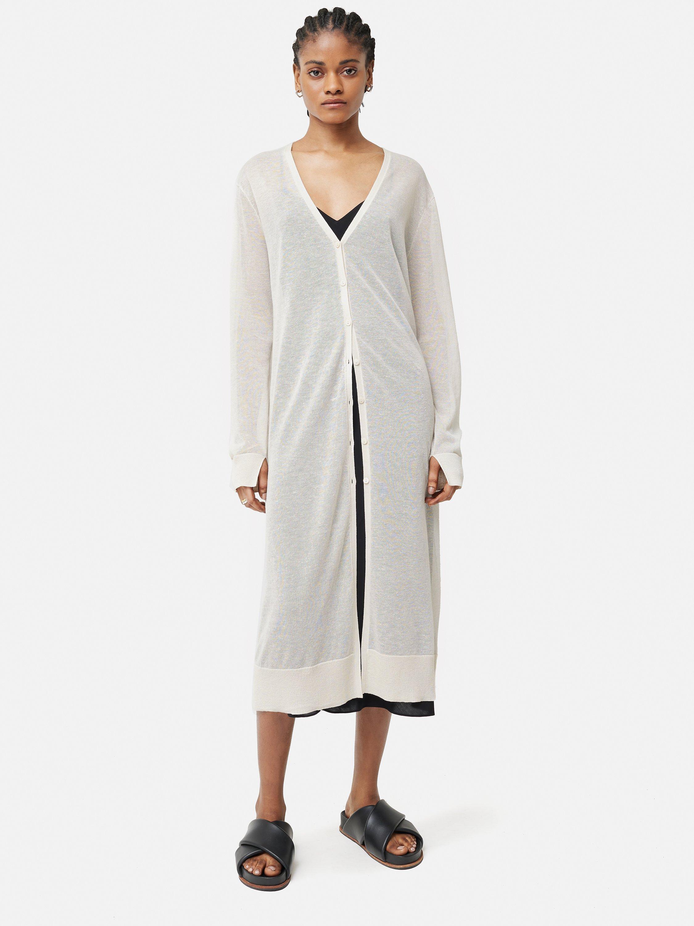 Jigsaw Plain Sheer Long Linen Blend Cardigan, Cream