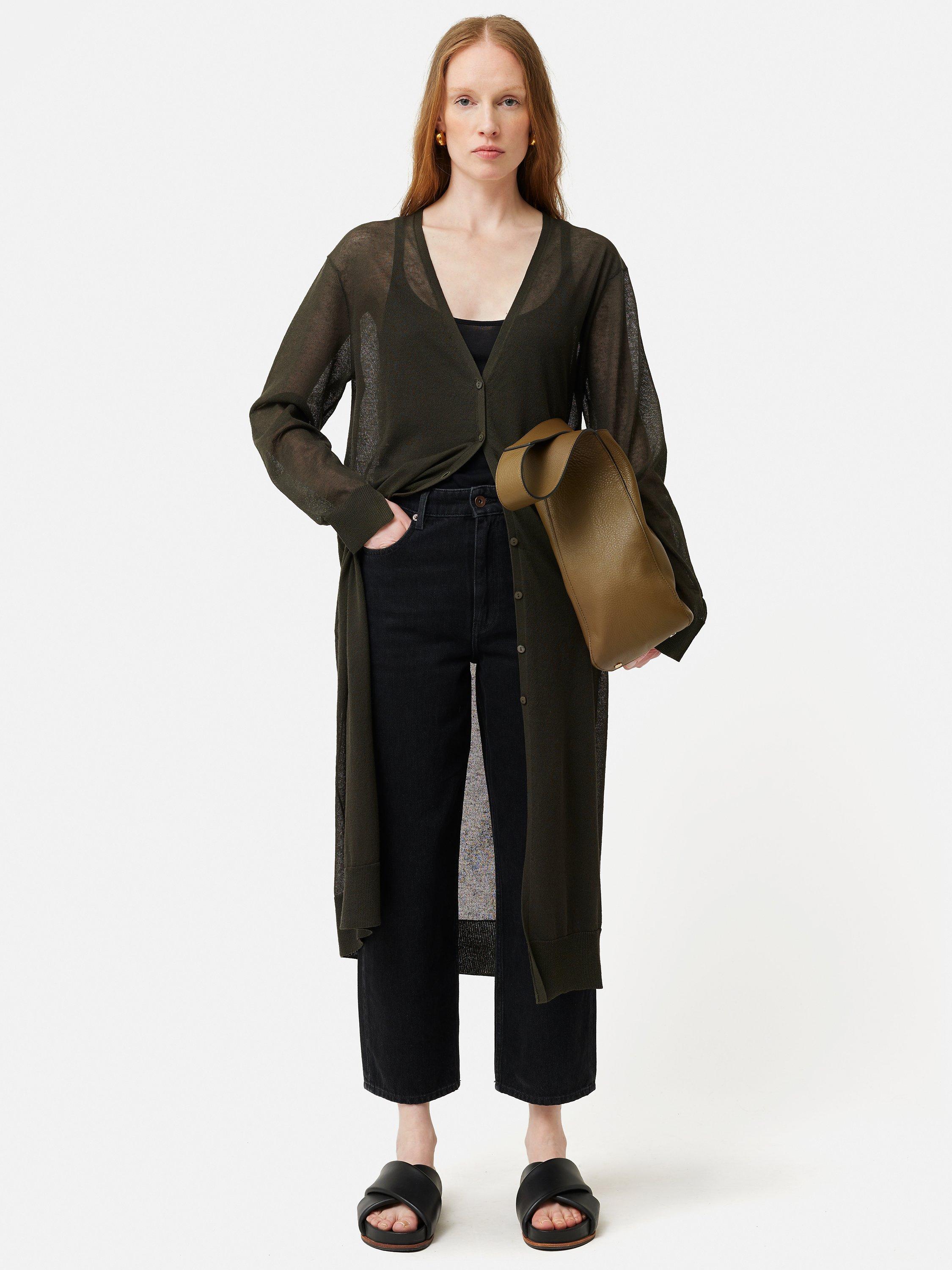 Jigsaw Plain Sheer Long Linen Blend Cardigan, Dark Green