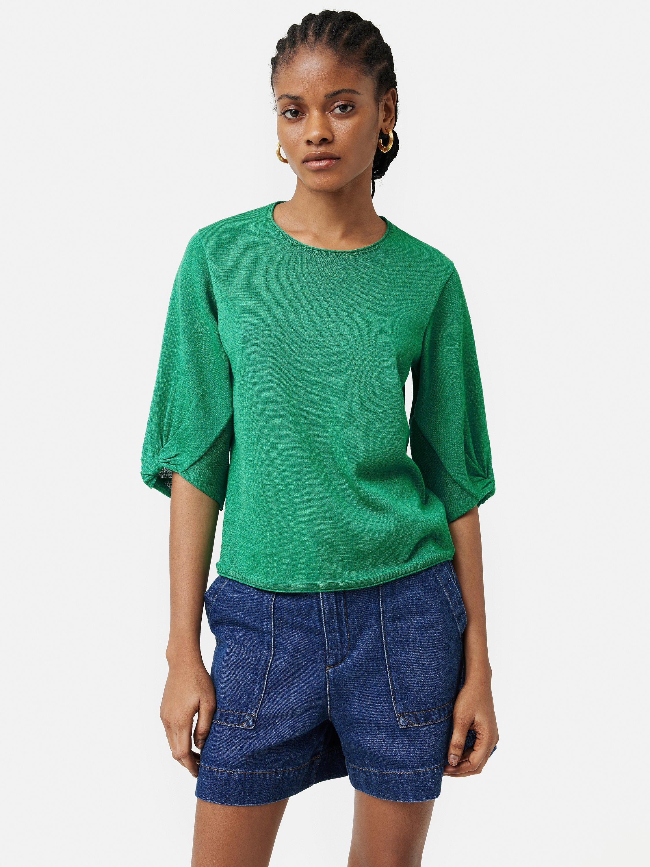 Jigsaw Plain Twist Sleeve Knit Linen Blend Top, Green