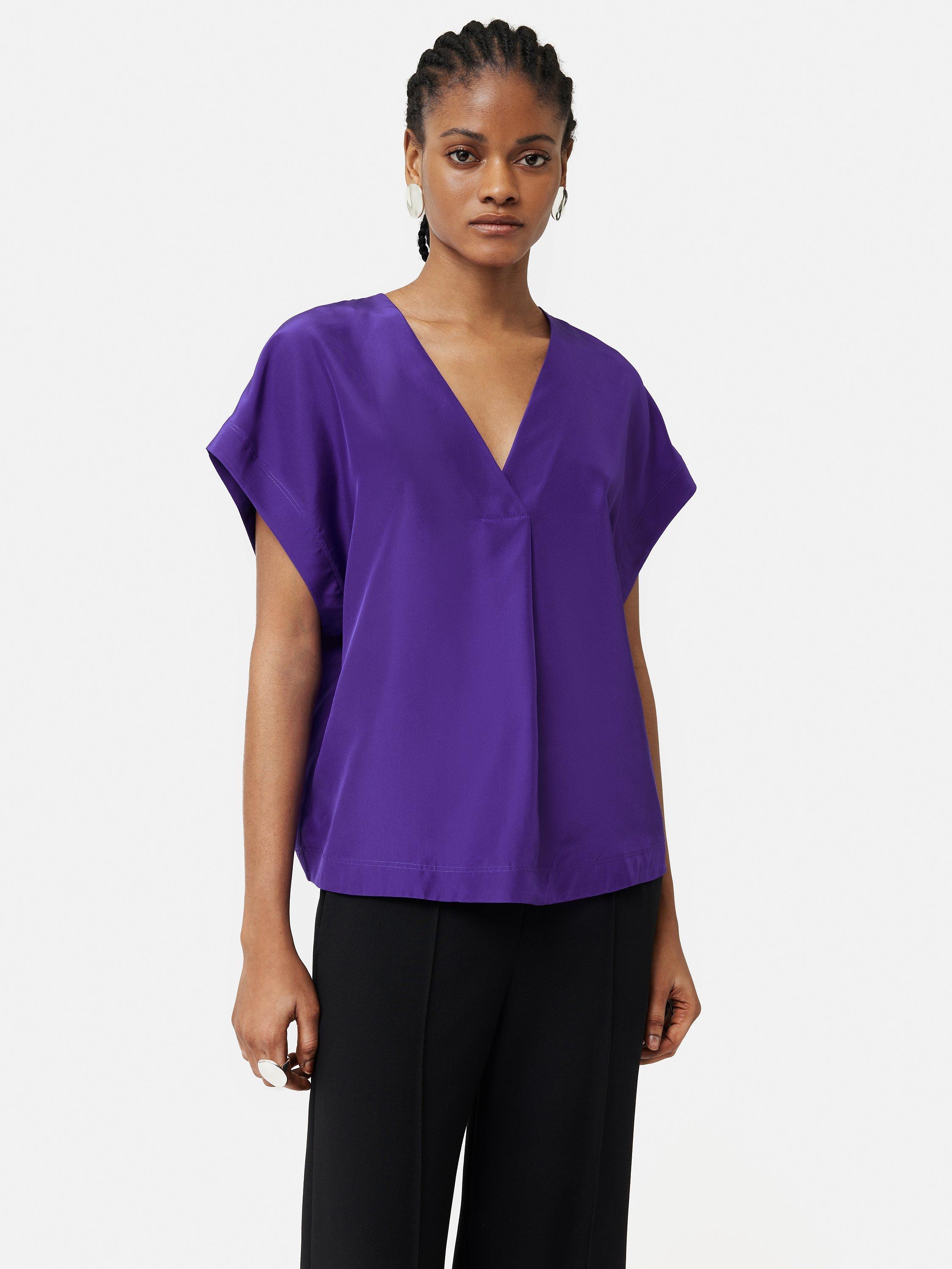 Jigsaw Plain V-Neck Habotai Silk Top, Purple