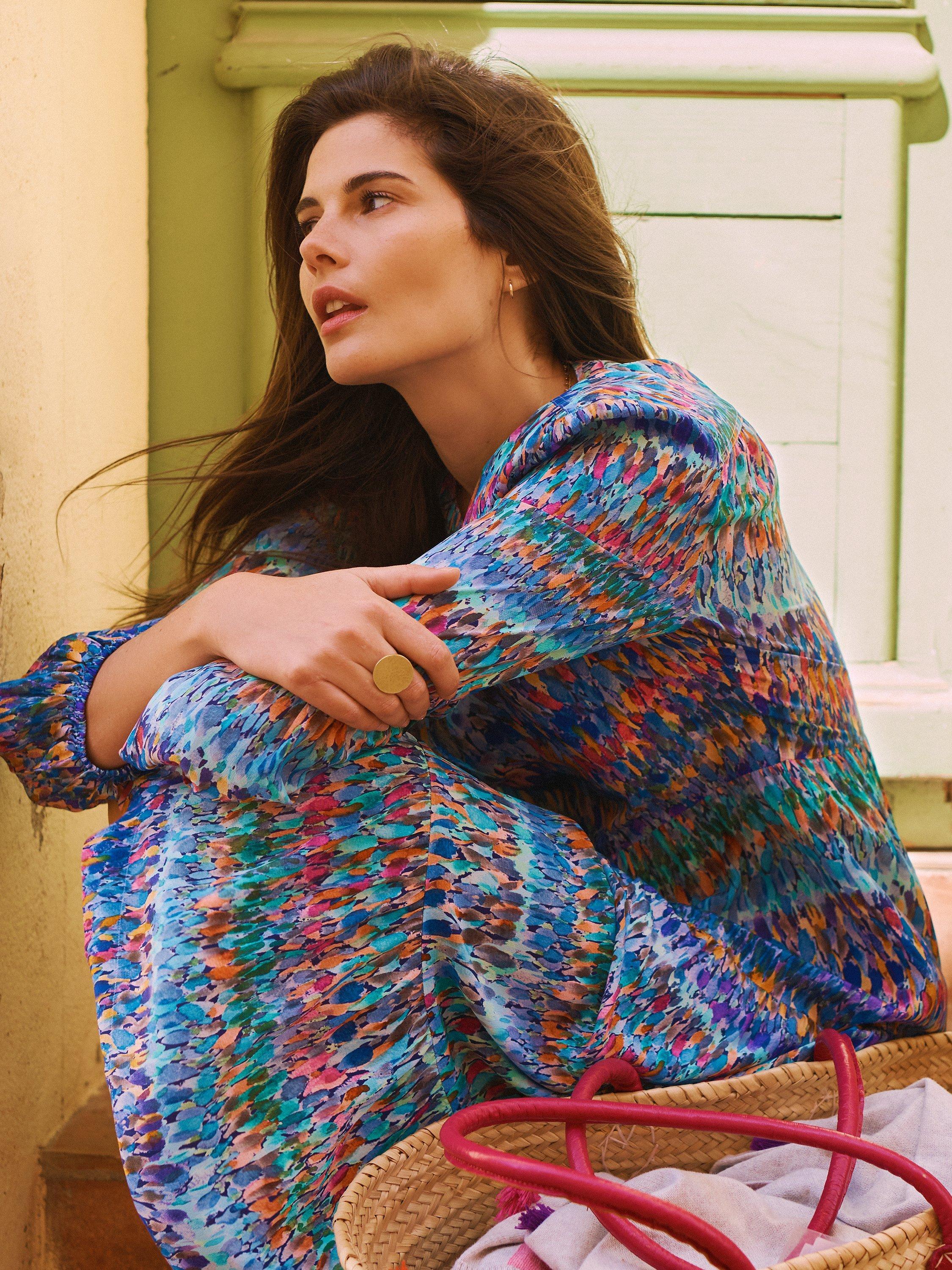 Product image 1 of 4, which shows NRBY Genevieve Dress, Blue Splash Print, XS