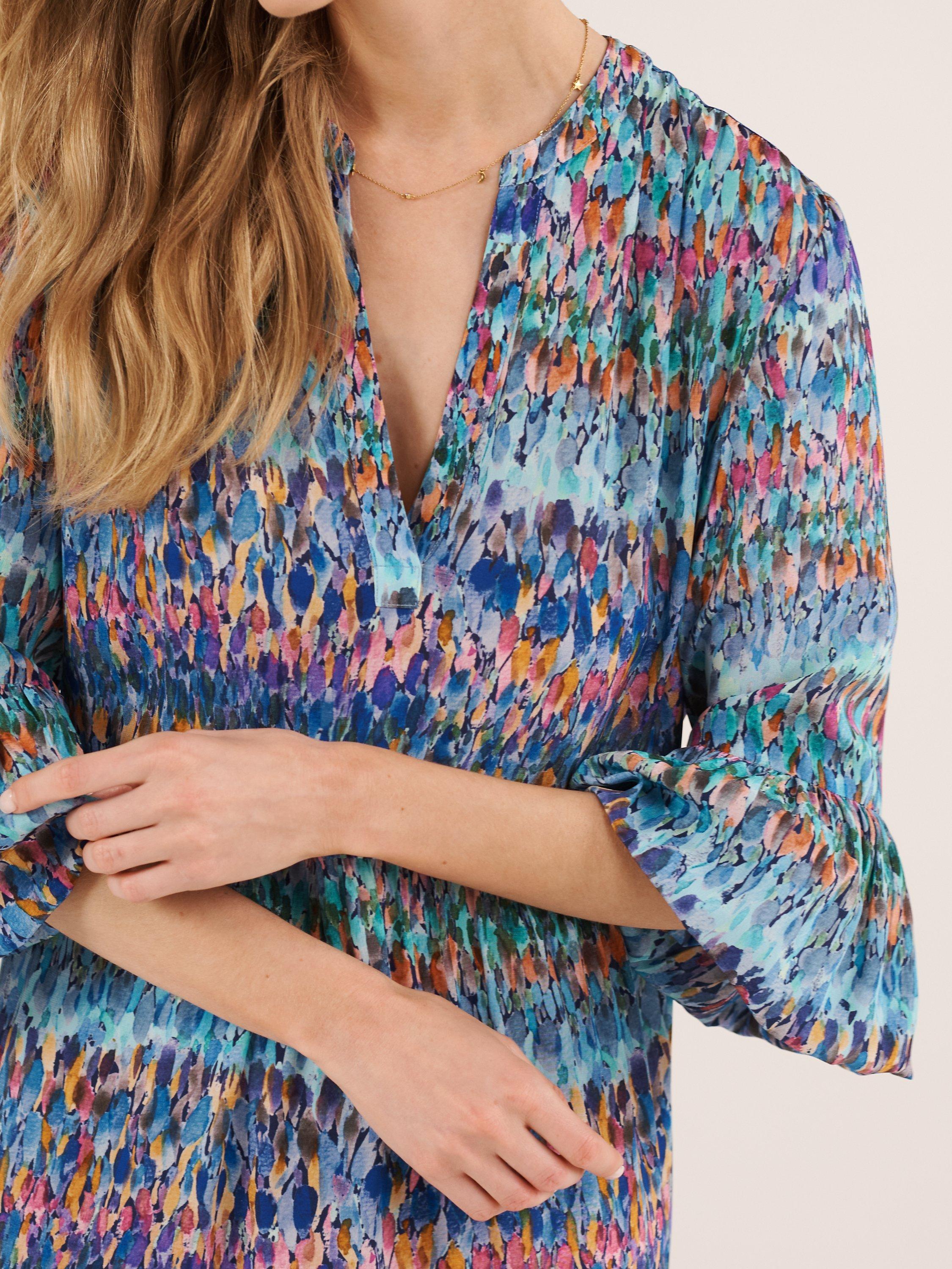 Product image 2 of 4, which shows NRBY Genevieve Dress, Blue Splash Print, XS